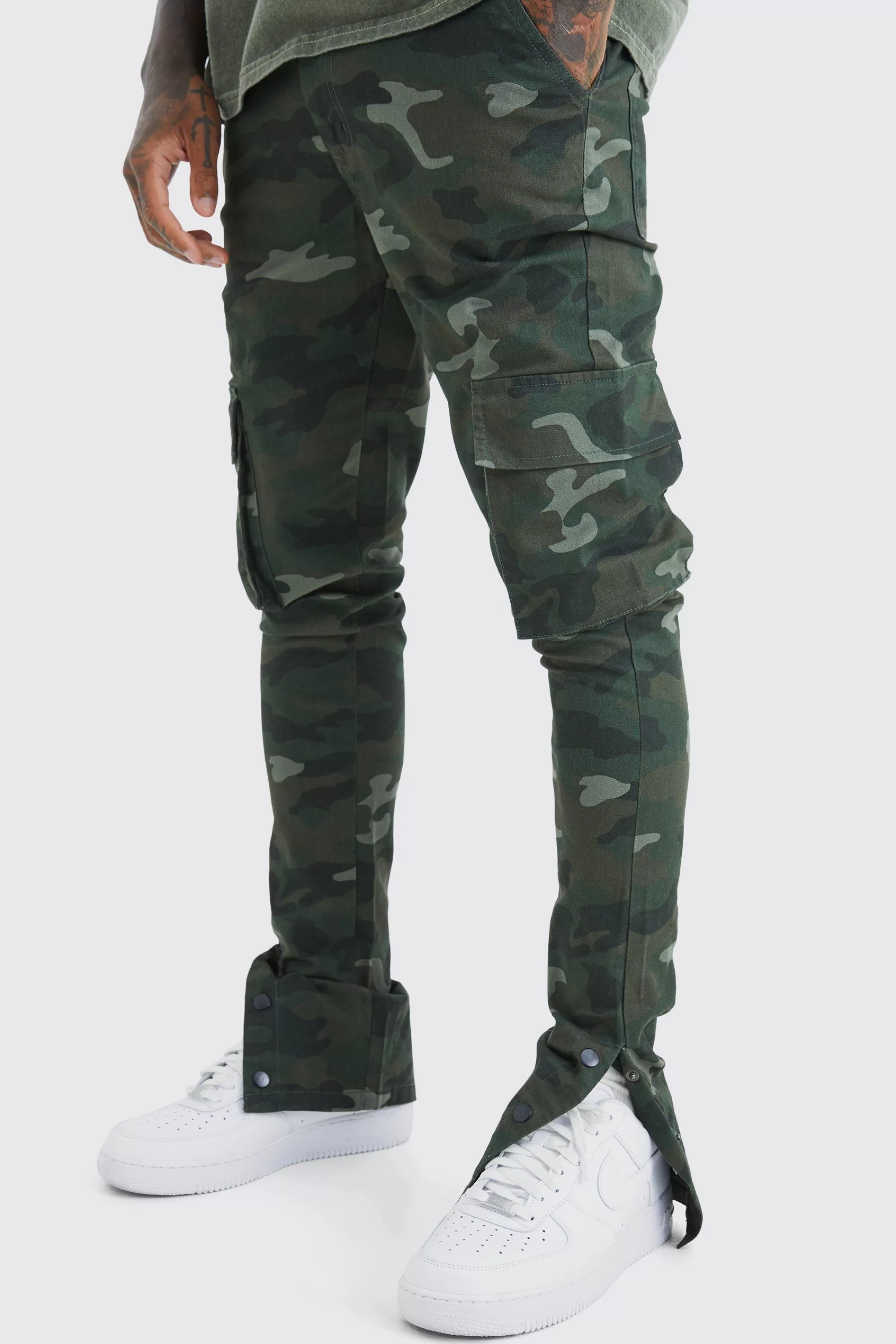 boohooMAN Skinny Stacked Popper Hem Camo Cargo Trouser | UK