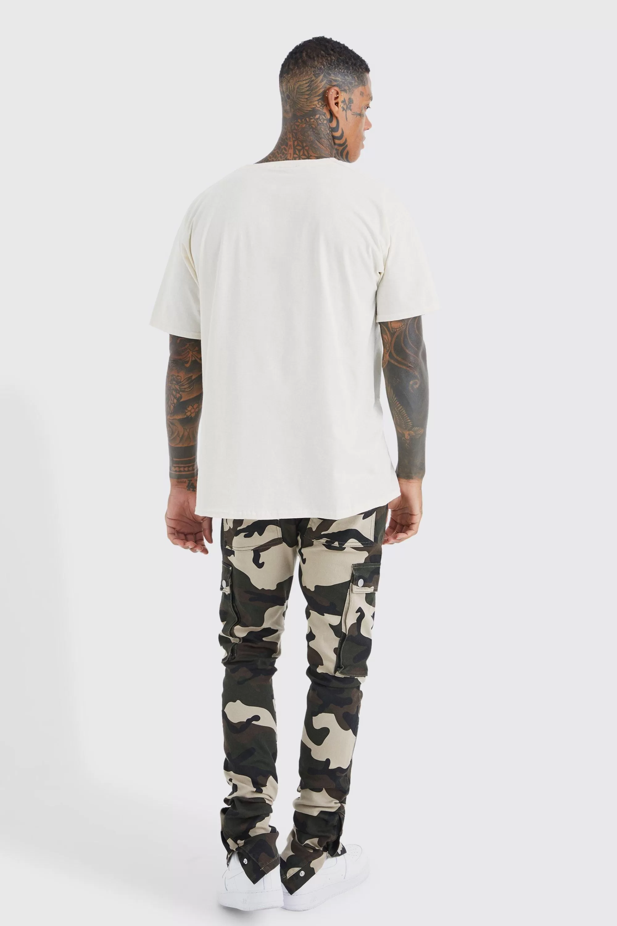 boohooMAN Skinny Stacked Popper Hem Camo Cargo Trouser | UK