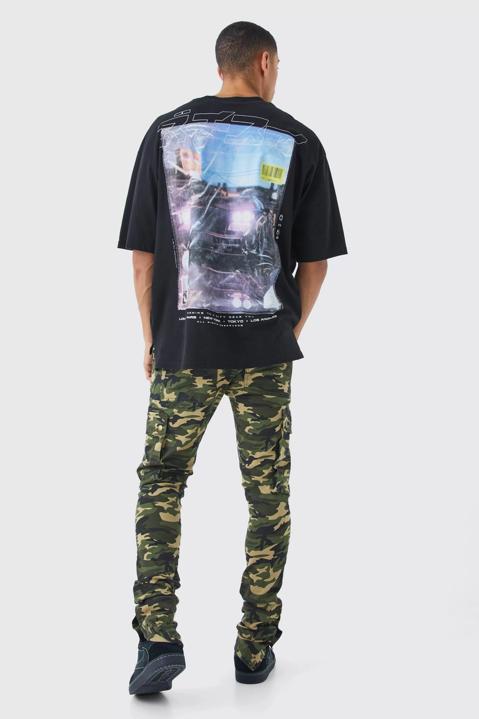 boohooMAN Skinny Stacked Popper Hem Camo Cargo Trouser | UK