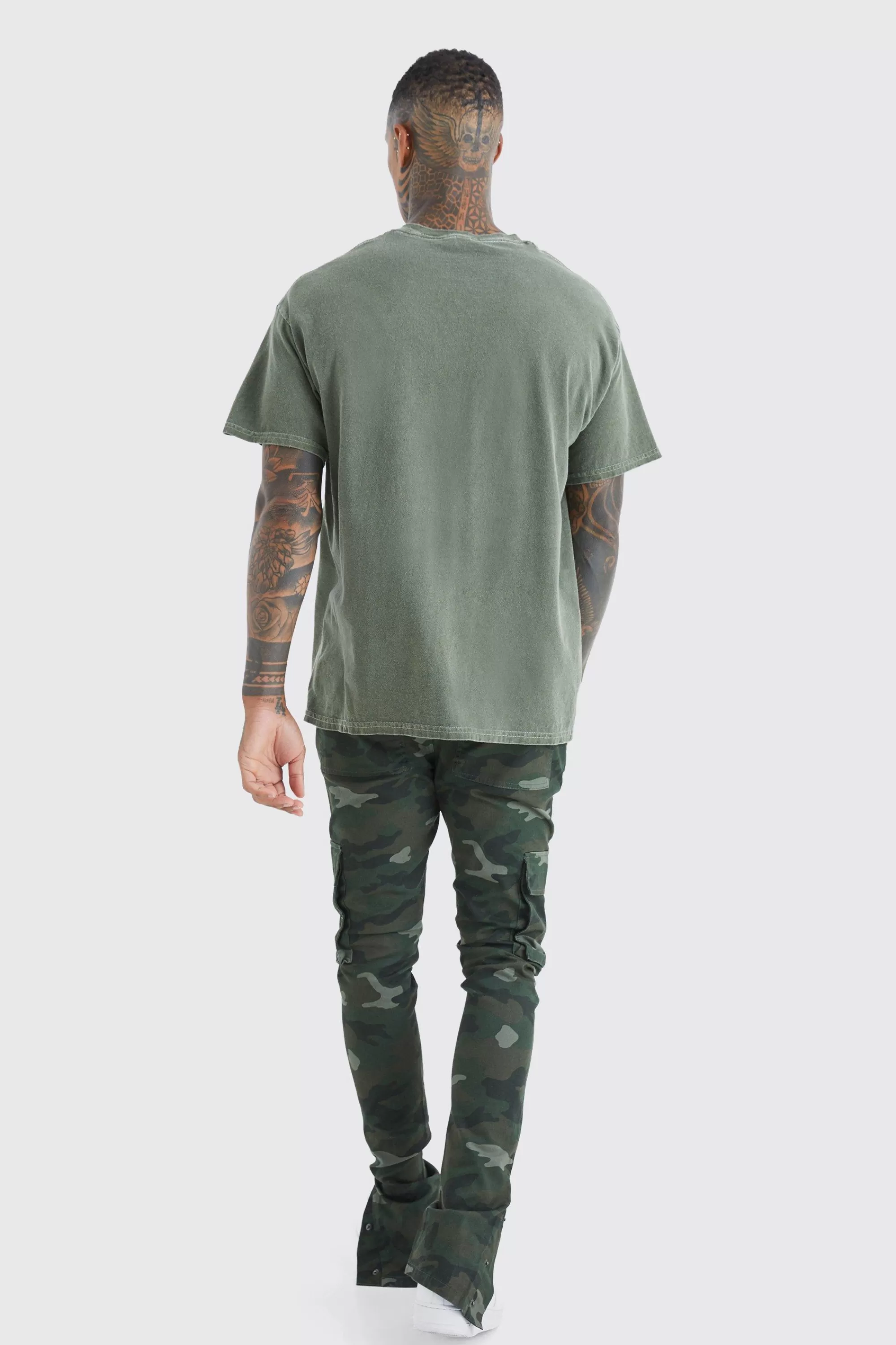 boohooMAN Skinny Stacked Popper Hem Camo Cargo Trouser | UK
