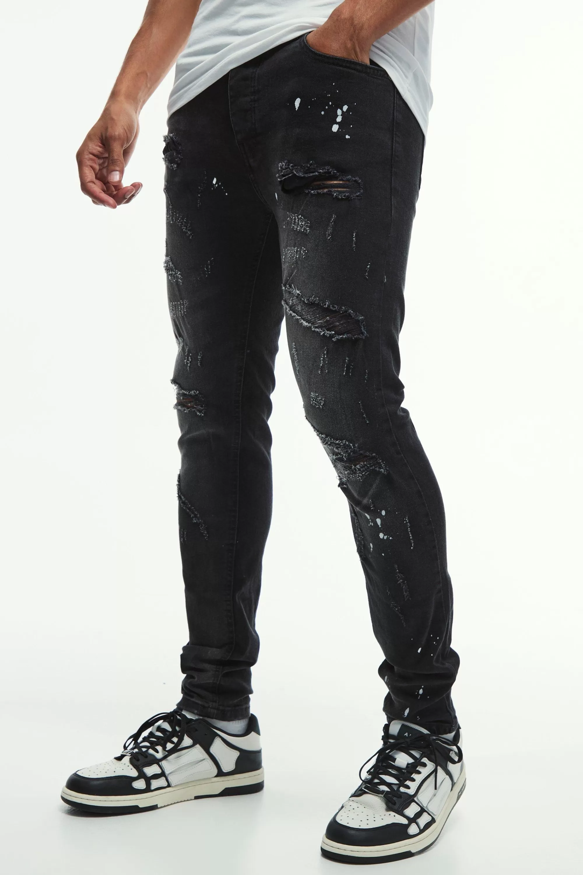 boohooMAN Skinny Stretch All Over Rip & Repair Paint Splatter Jeans | UK
