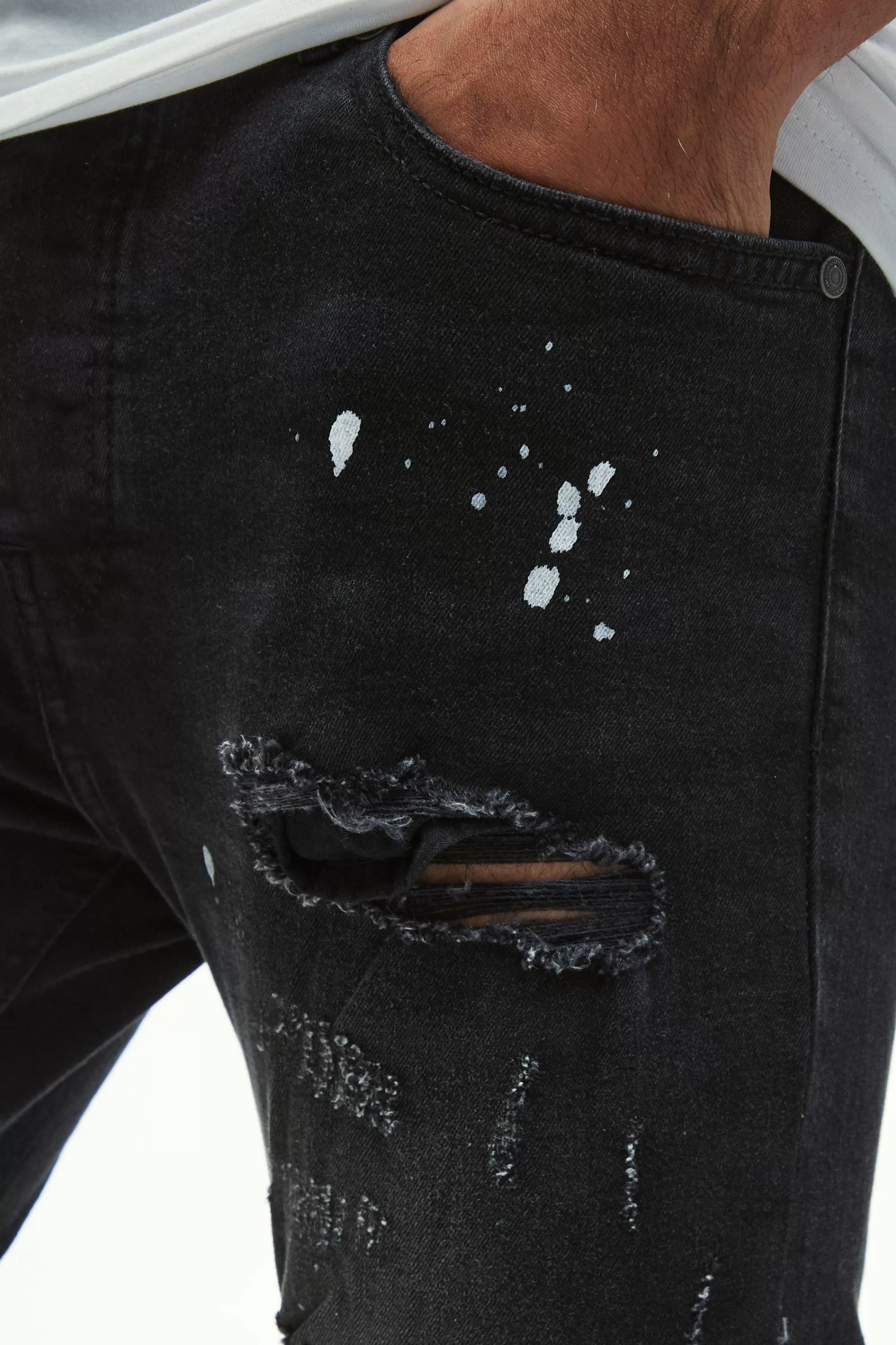 boohooMAN Skinny Stretch All Over Rip & Repair Paint Splatter Jeans | UK