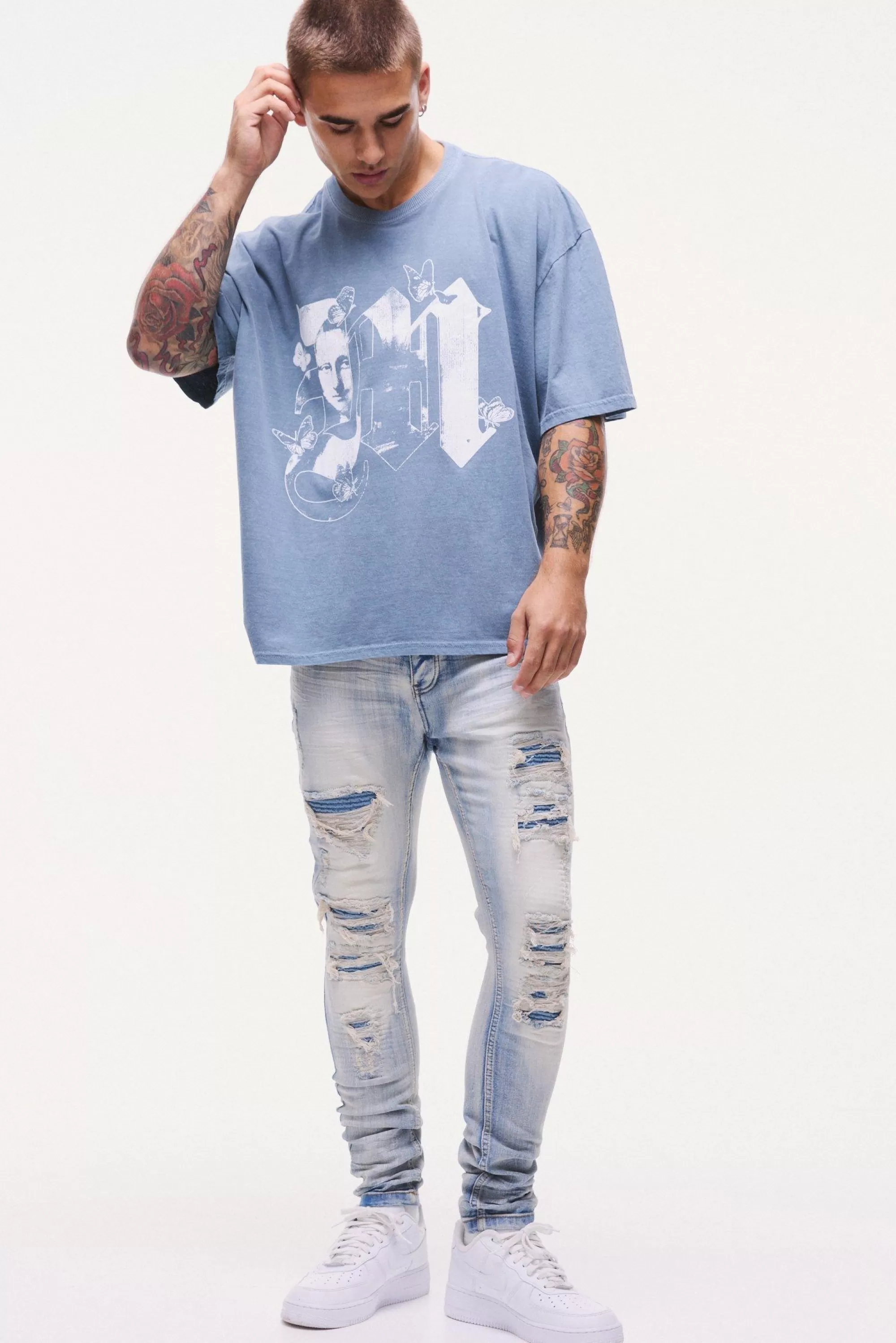 boohooMAN Skinny Stretch Black PU Biker Rip & Repair Jeans | UK