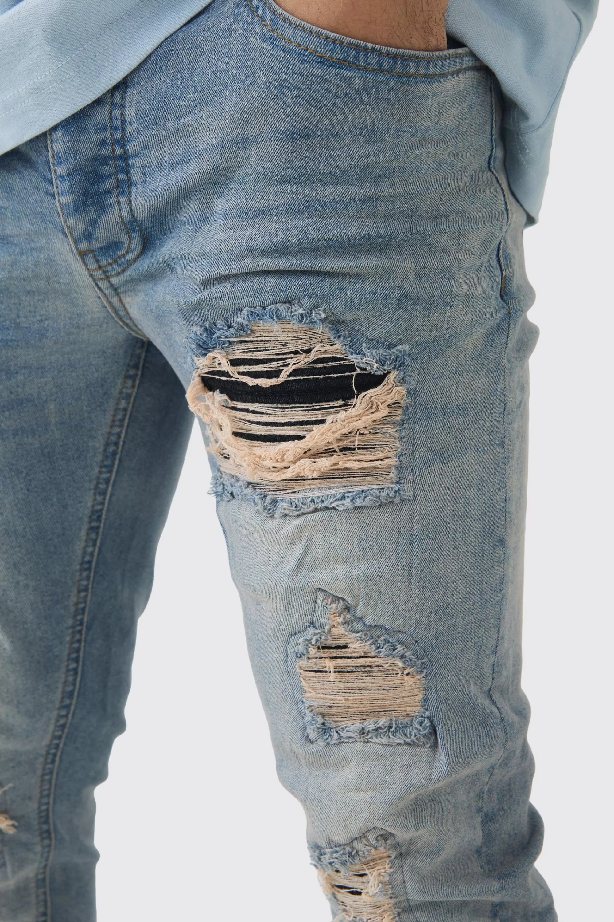 boohooMAN Skinny Stretch Black PU Biker Rip & Repair Jeans | UK