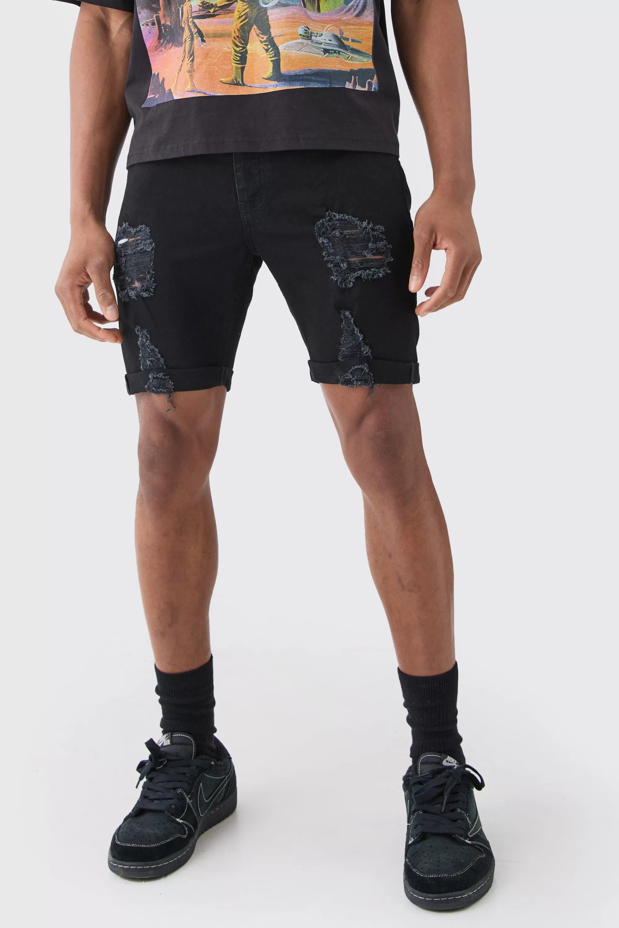 boohooMAN Skinny Stretch Distressed Denim Shorts In Black | UK