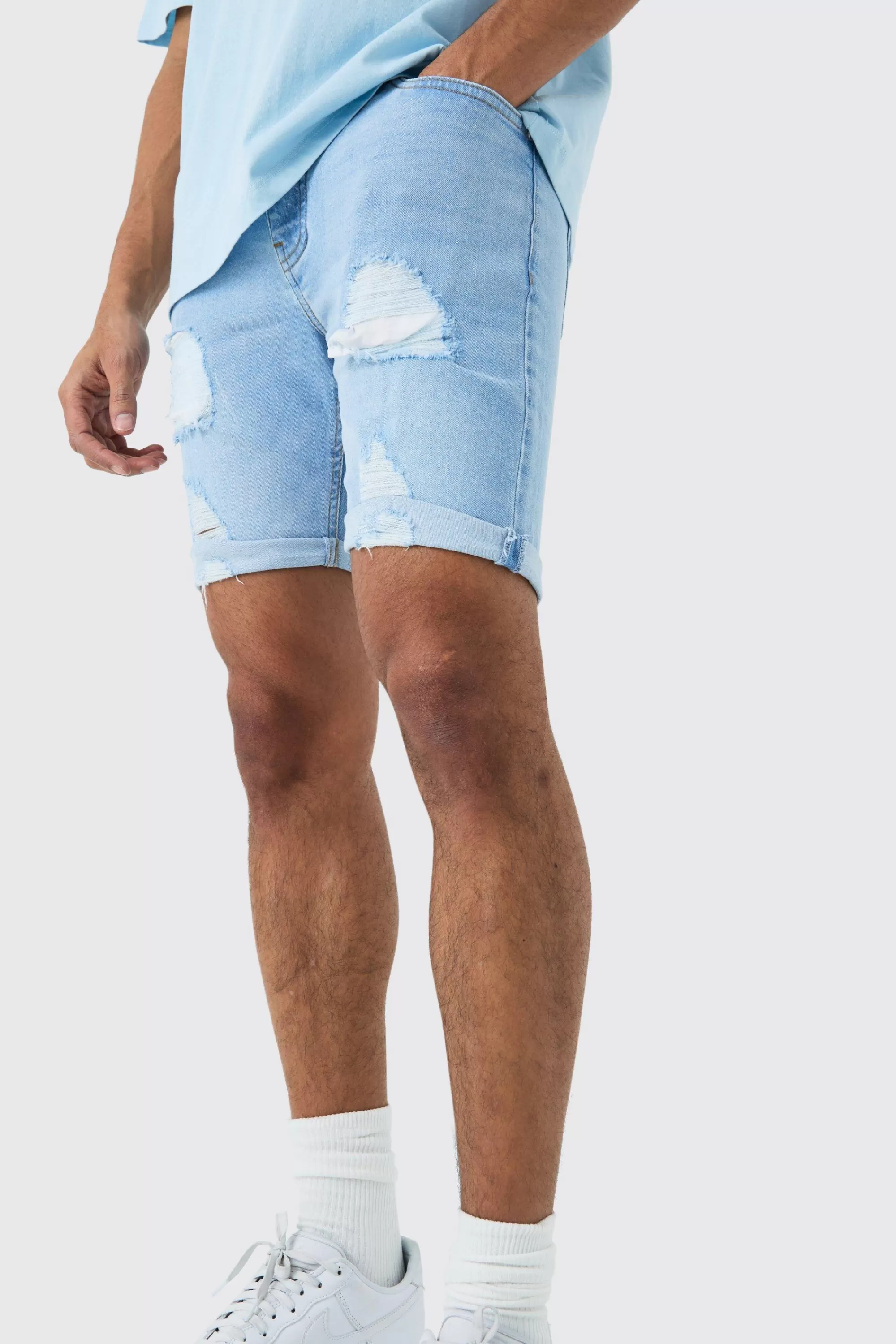 boohooMAN Skinny Stretch Distressed Denim Shorts In | UK