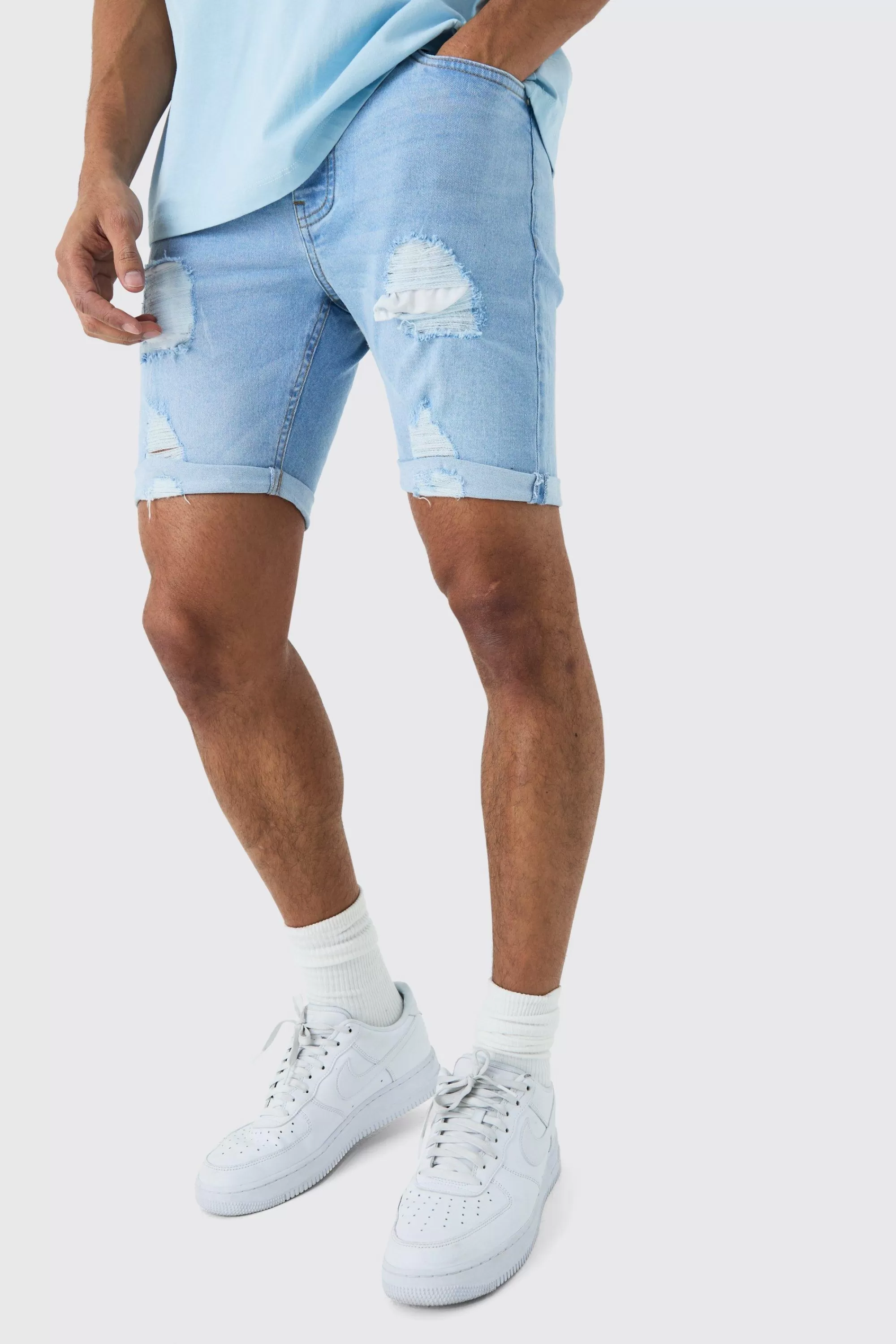 boohooMAN Skinny Stretch Distressed Denim Shorts In | UK