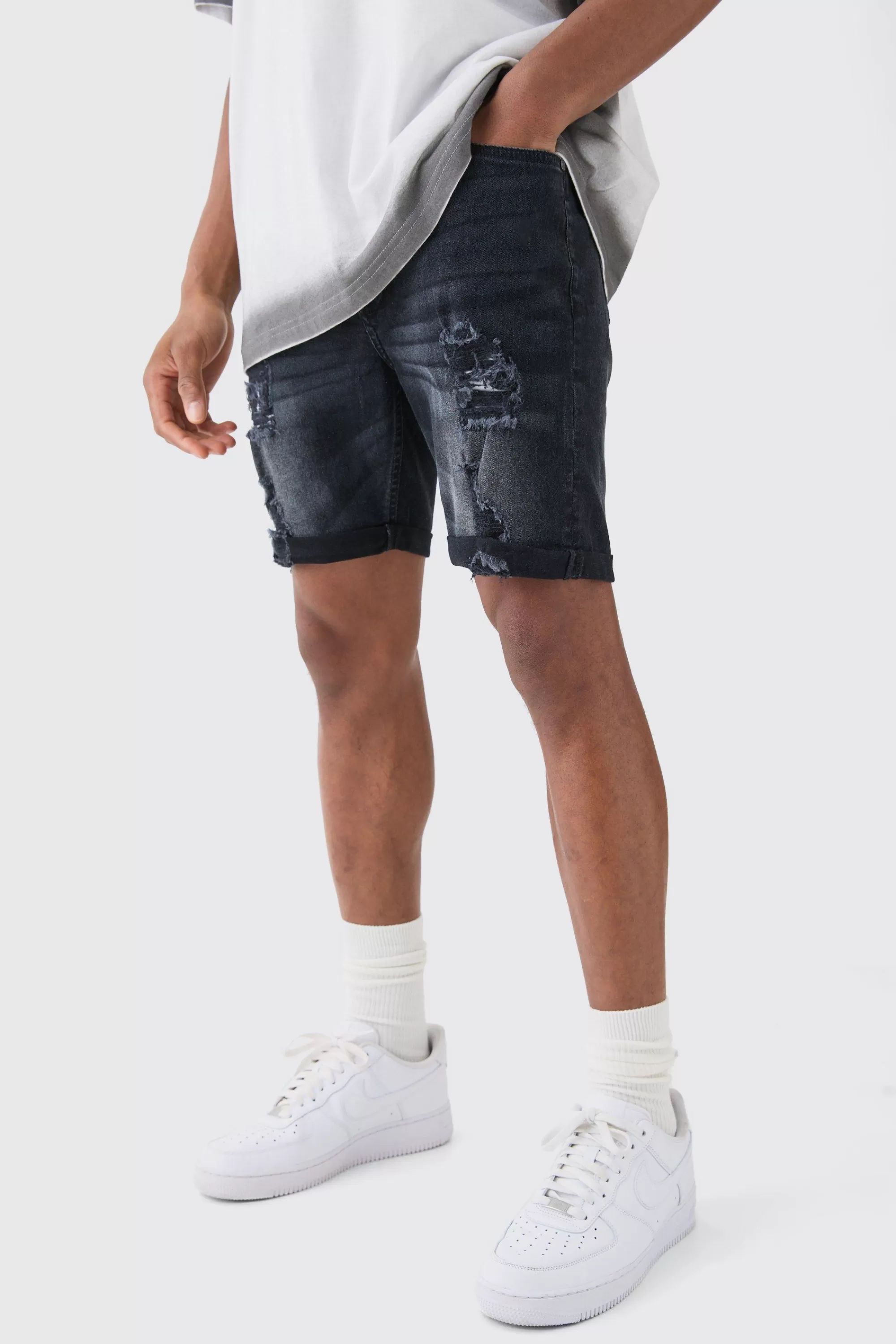 boohooMAN Skinny Stretch Distressed Denim Shorts In | UK