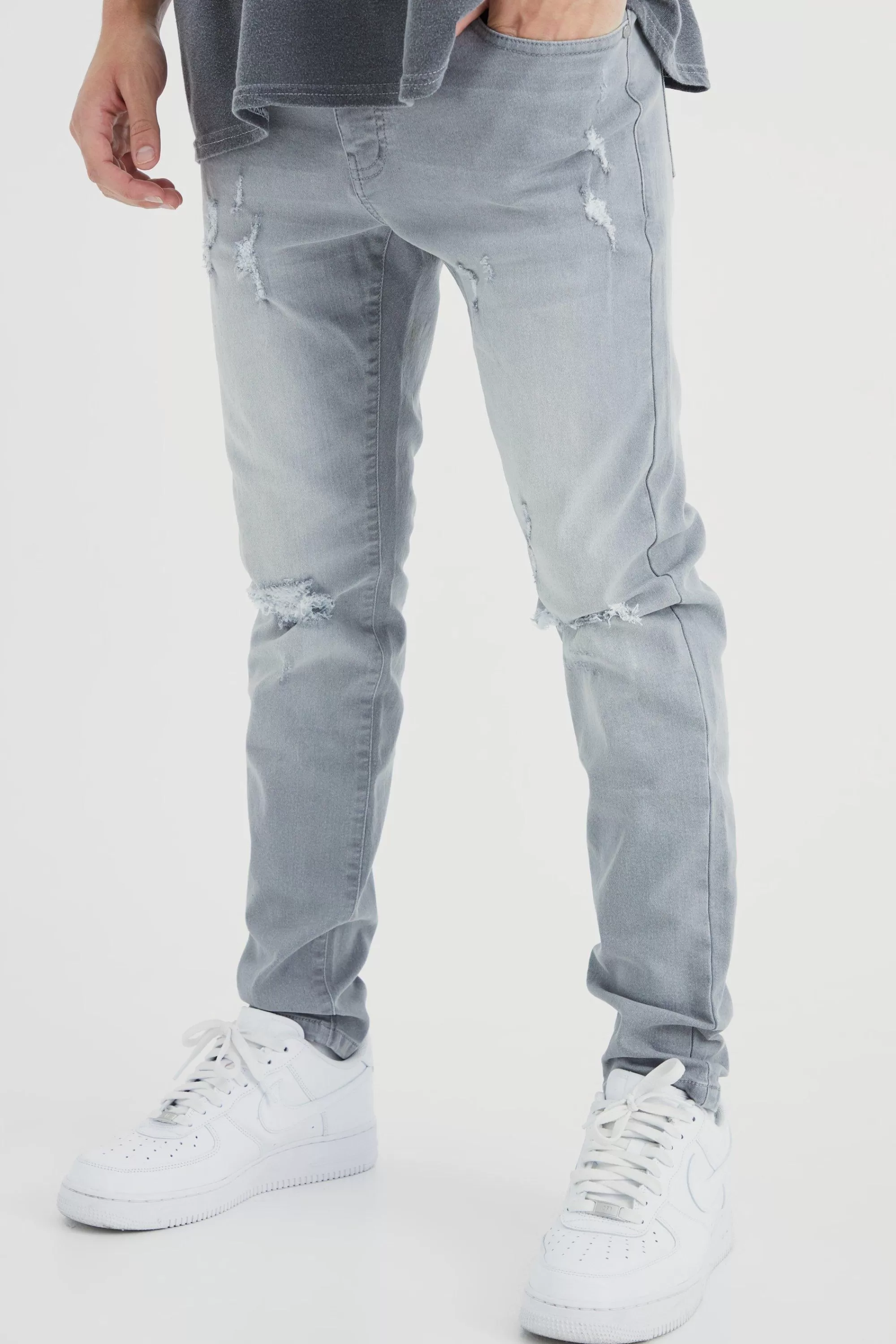 boohooMAN Skinny Stretch Extreme Knee Rip Jeans | UK