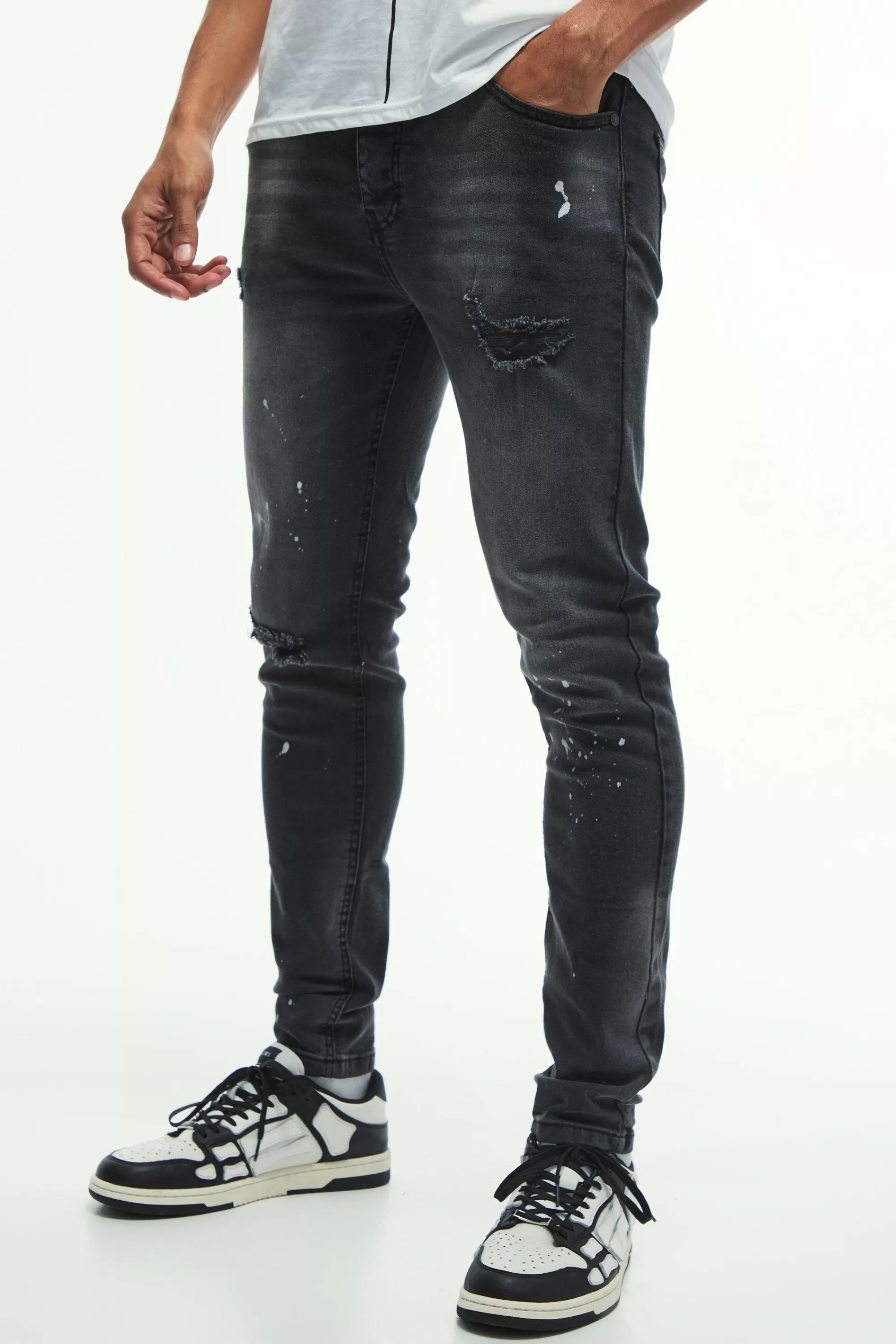 boohooMAN Skinny Stretch Knee Rip Paint Splatter Jeans | UK