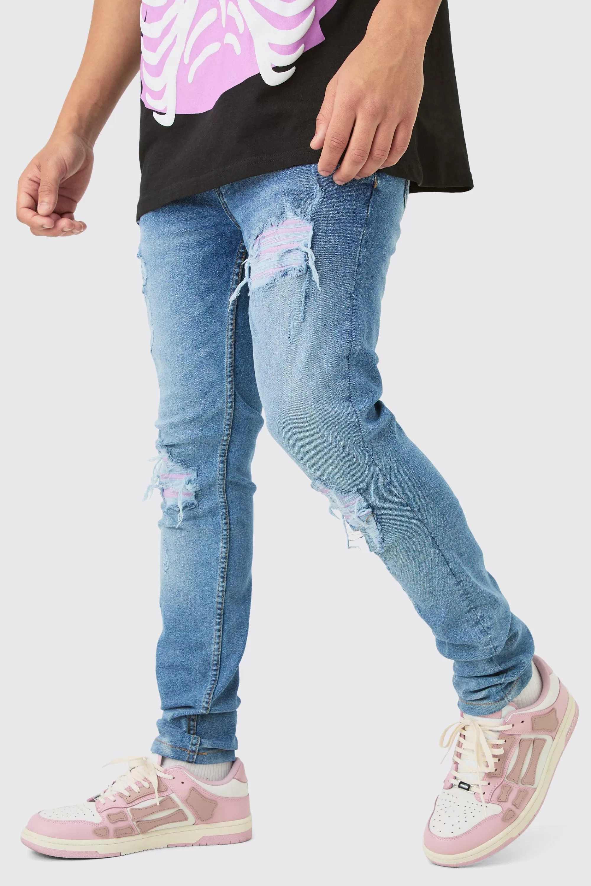 boohooMAN Skinny Stretch Lilac Pu Biker Rip & Repair Jeans | UK