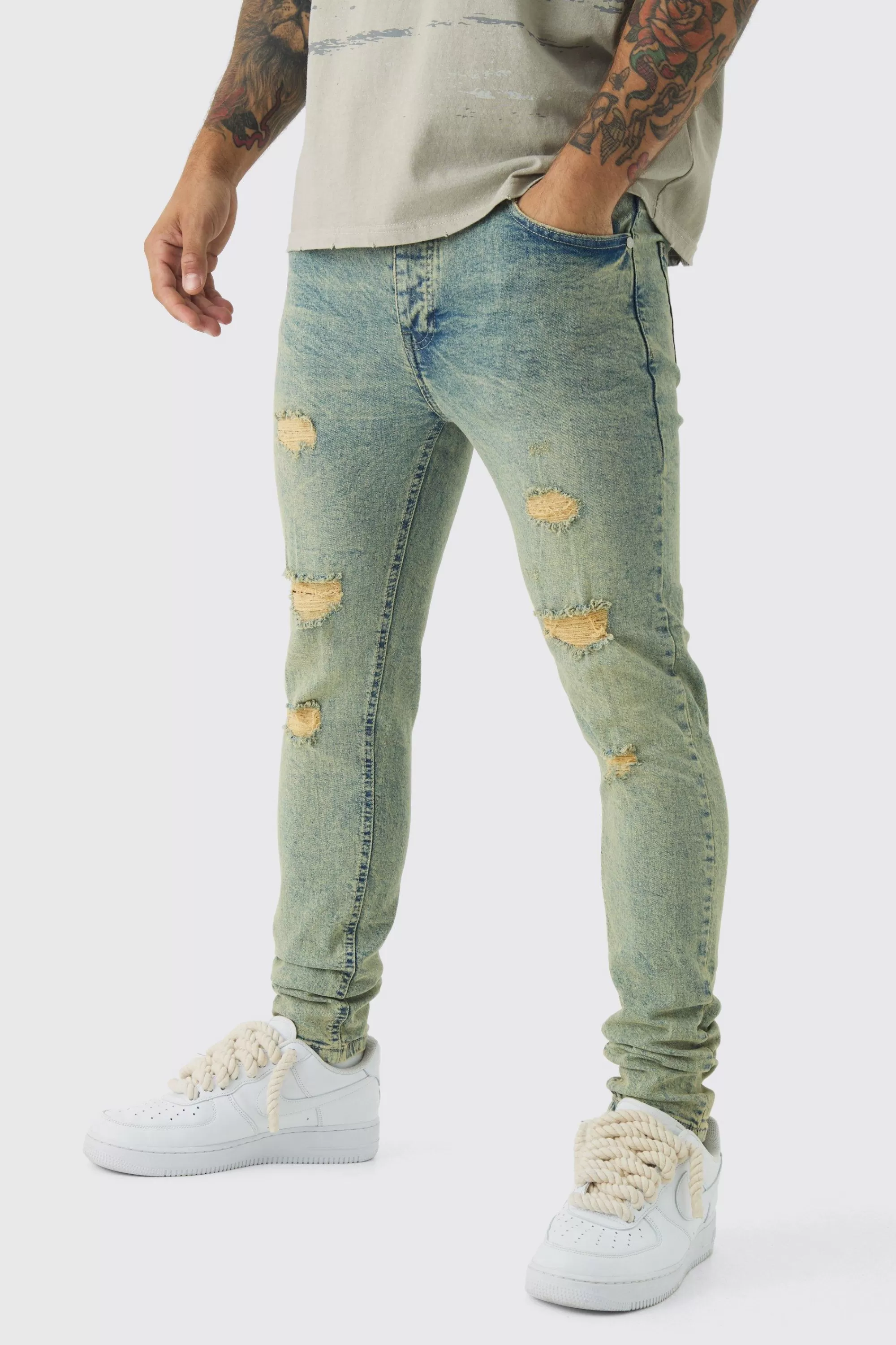 boohooMAN Skinny Stretch Rip & Repair Dirty Wash Jeans | UK