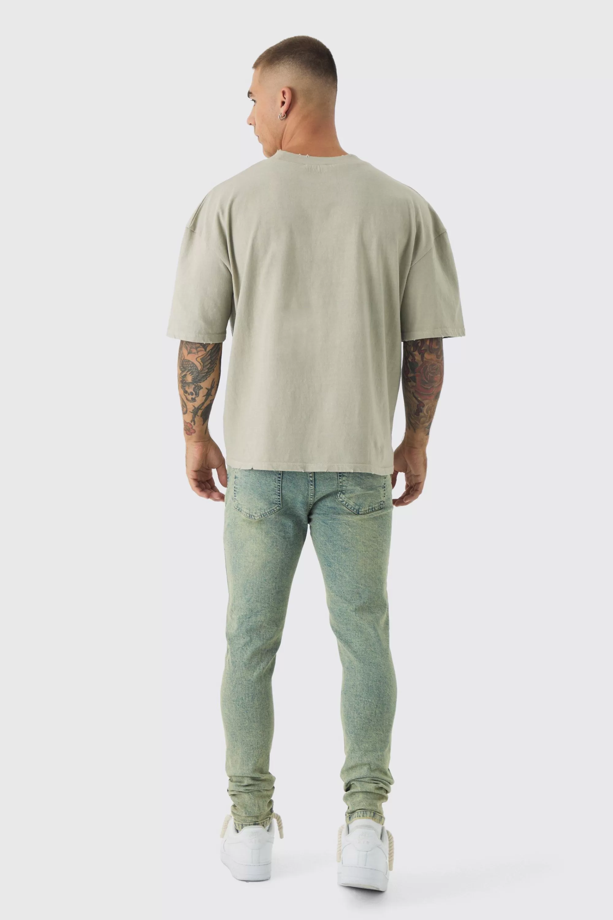 boohooMAN Skinny Stretch Rip & Repair Dirty Wash Jeans | UK