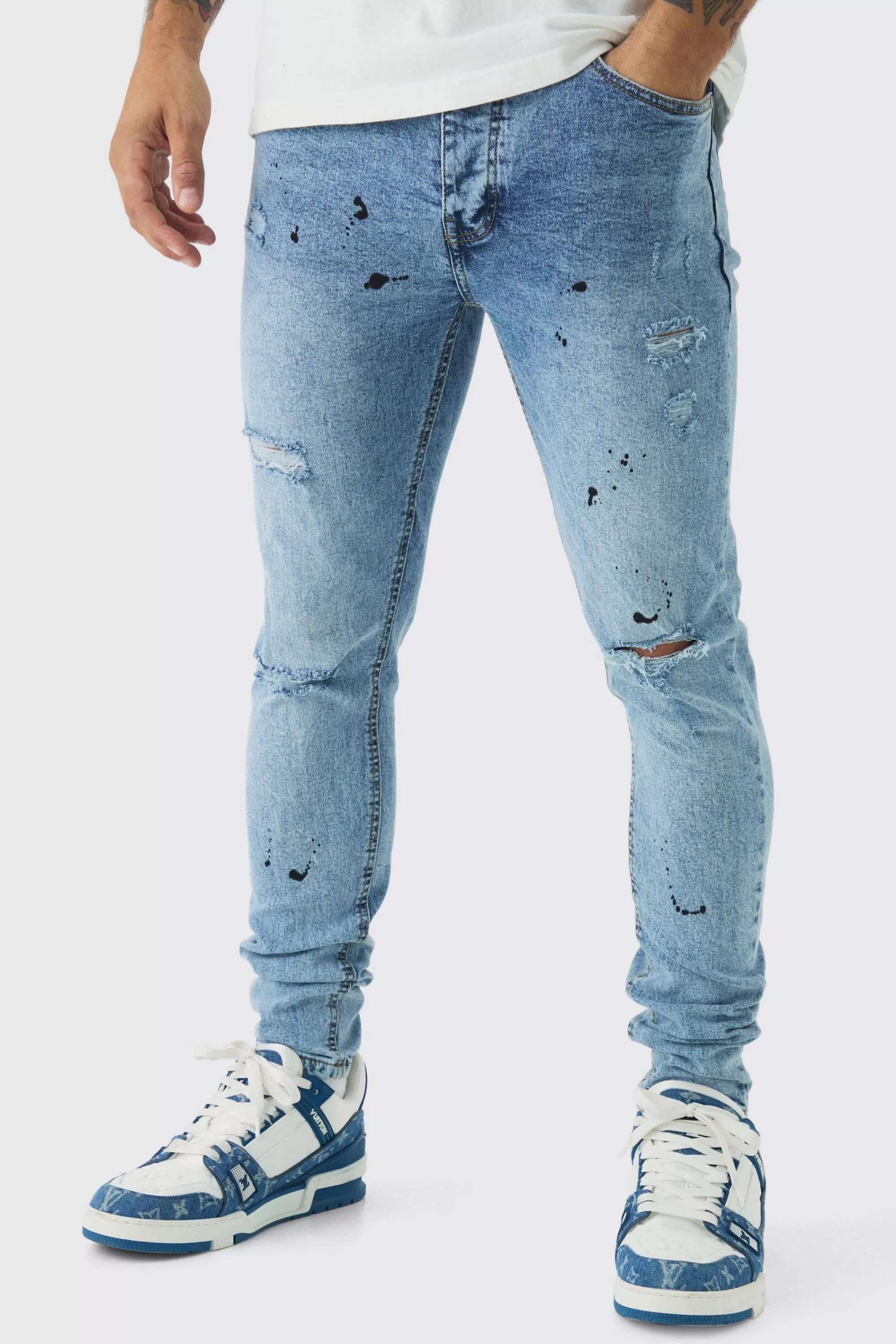 boohooMAN Skinny Stretch Rip & Repair Paint Splatter Jeans | UK