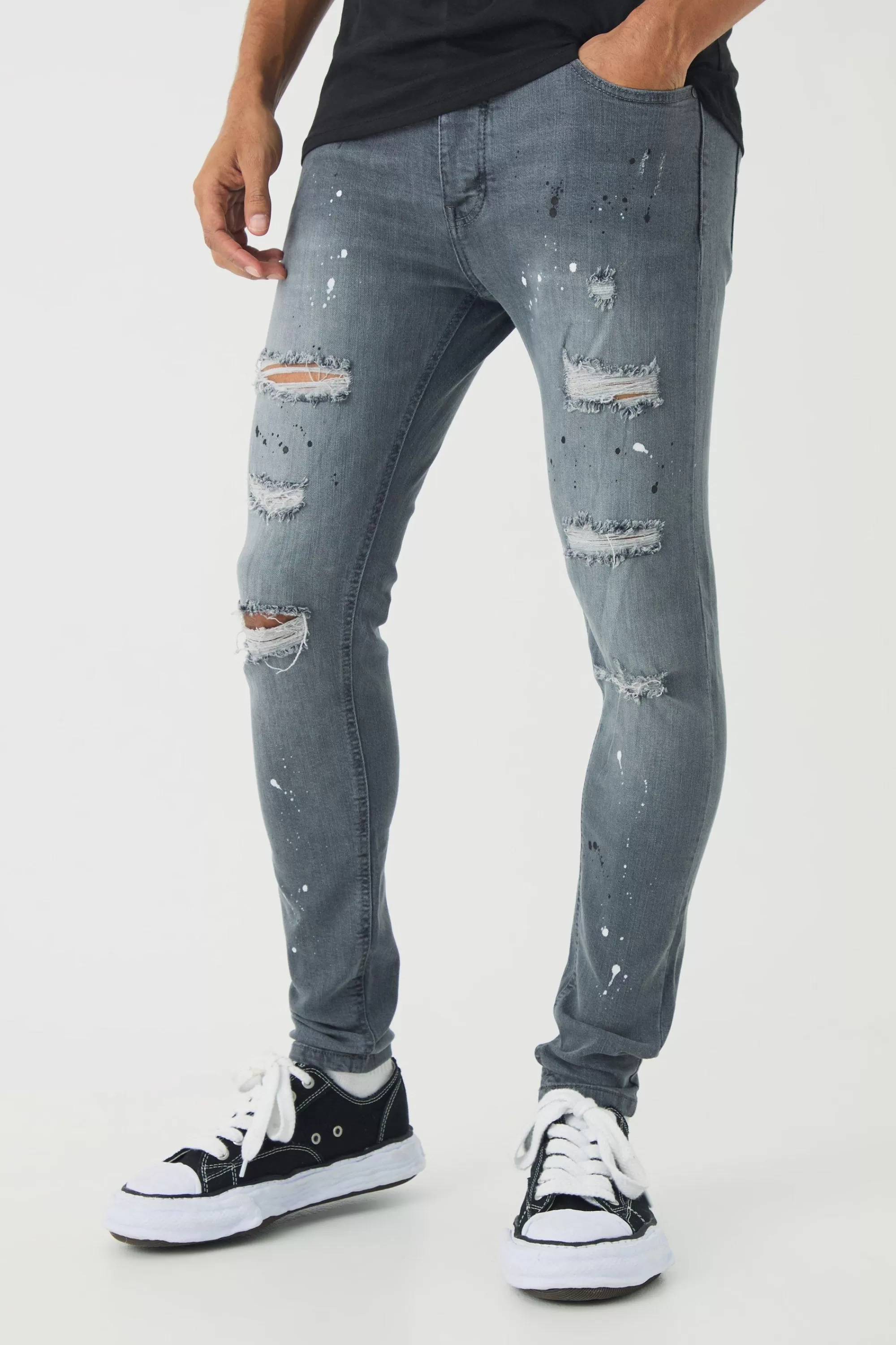 boohooMAN Skinny Stretch Rip & Repair Paint Splatter Jeans | UK