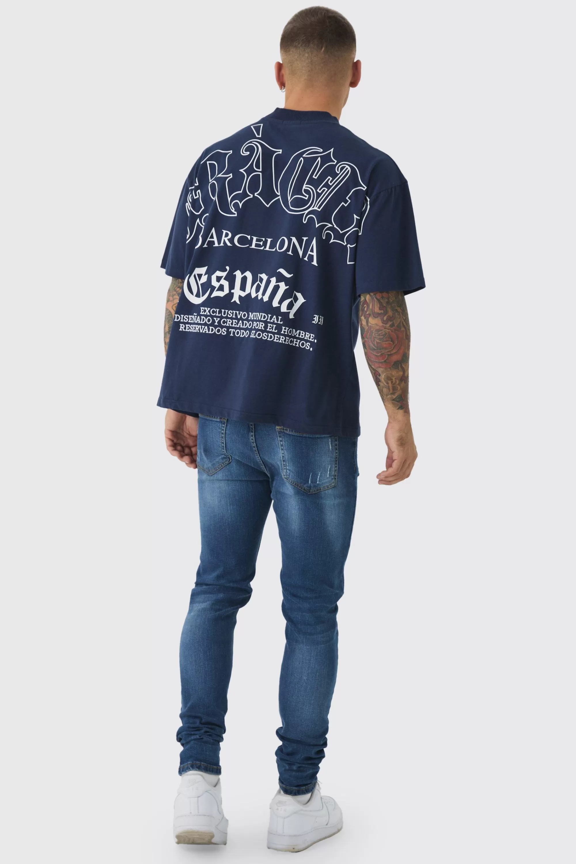 boohooMAN Skinny Stretch Rip & Repair Patchwork Jeans | UK