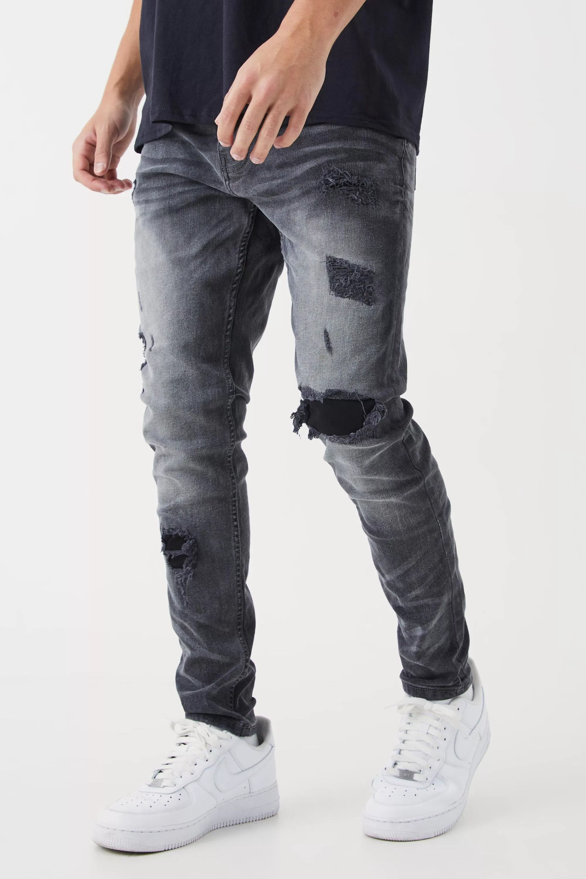 boohooMAN Skinny Stretch Rip & Repair Self Fabric Jeans | UK