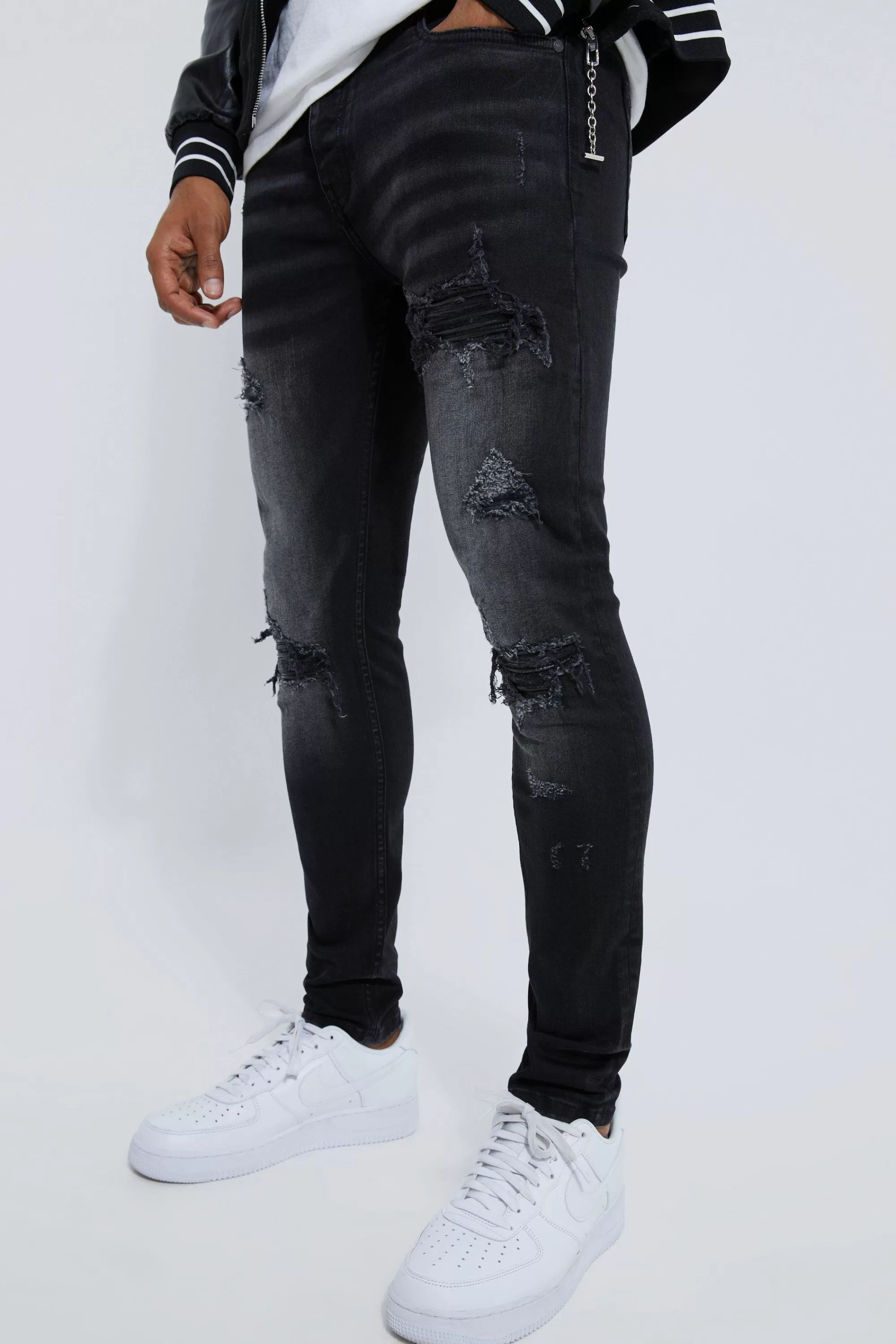boohooMAN Skinny Stretch Rip And Repair Biker Jeans | UK