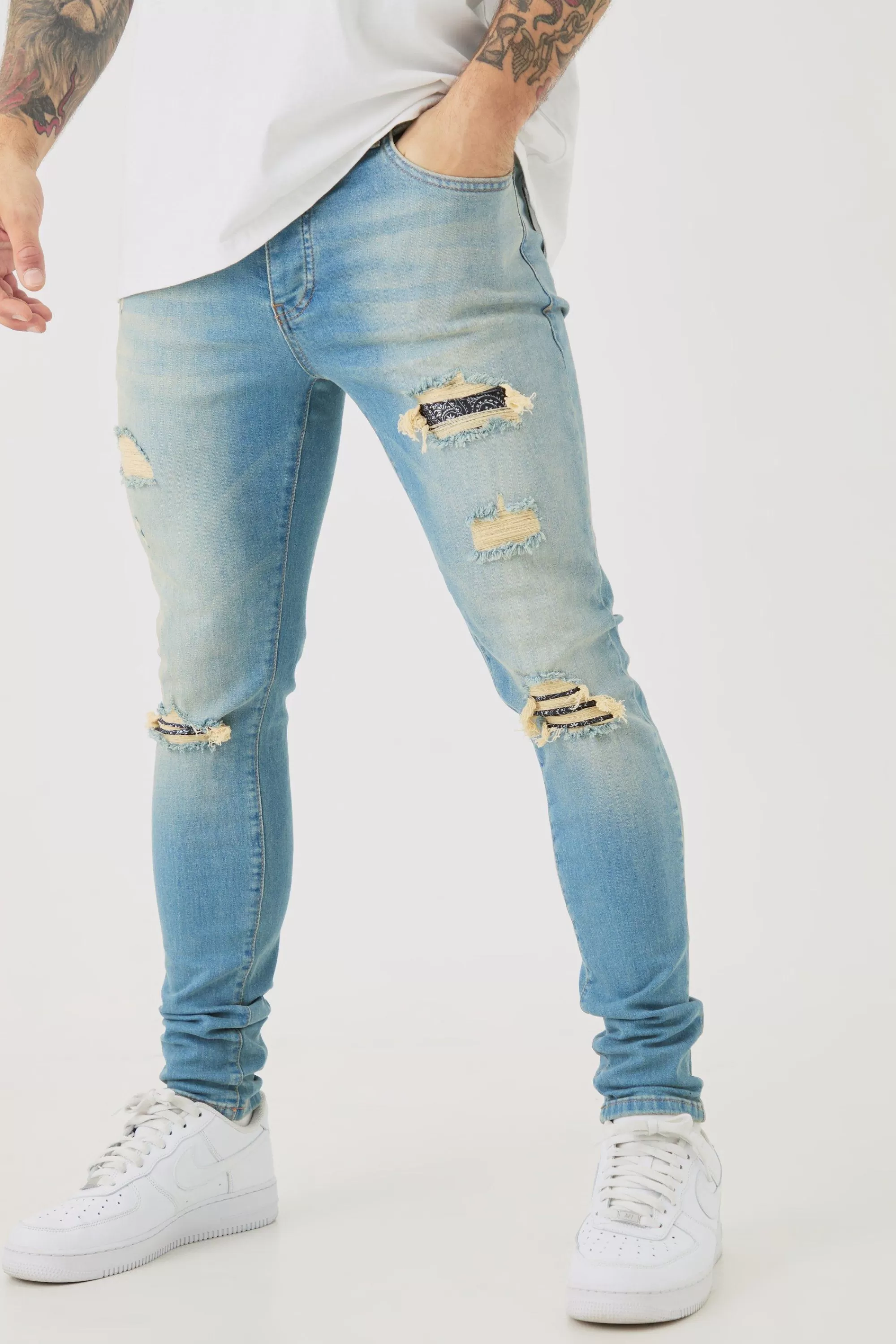 boohooMAN Skinny Stretch Ripped Bandana Jeans In | UK