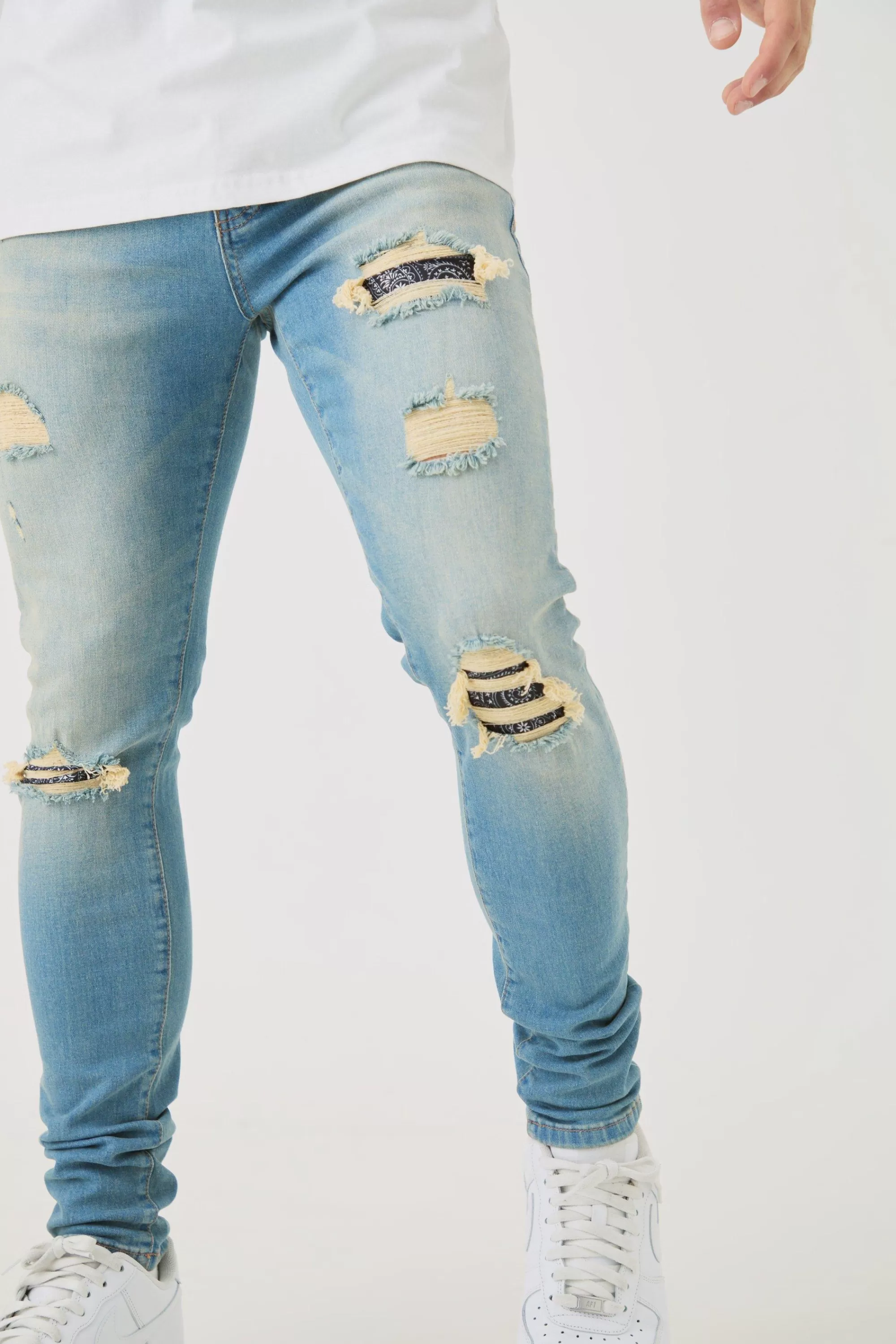 boohooMAN Skinny Stretch Ripped Bandana Jeans In | UK