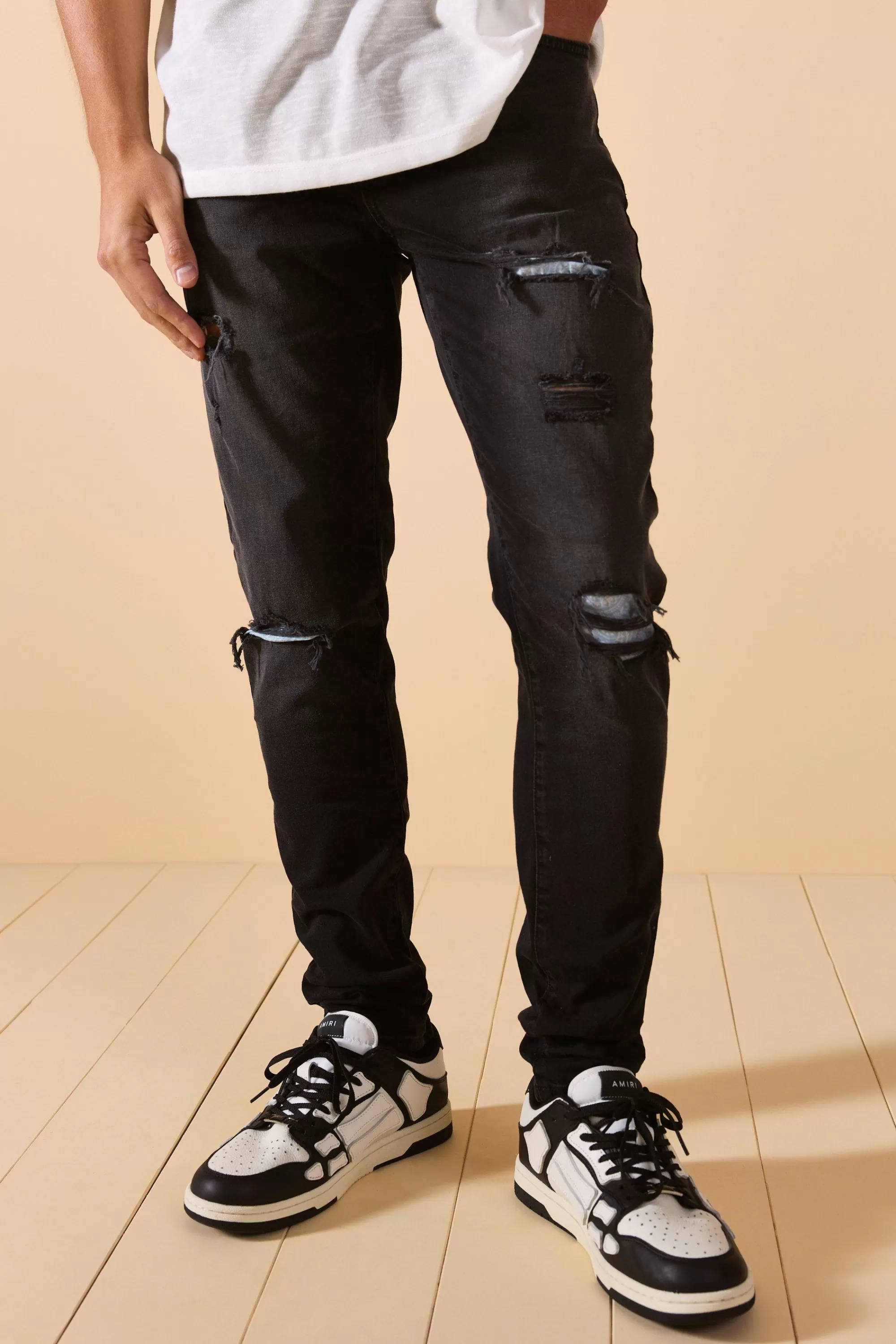 boohooMAN Skinny Stretch Ripped Bandana Jeans In | UK