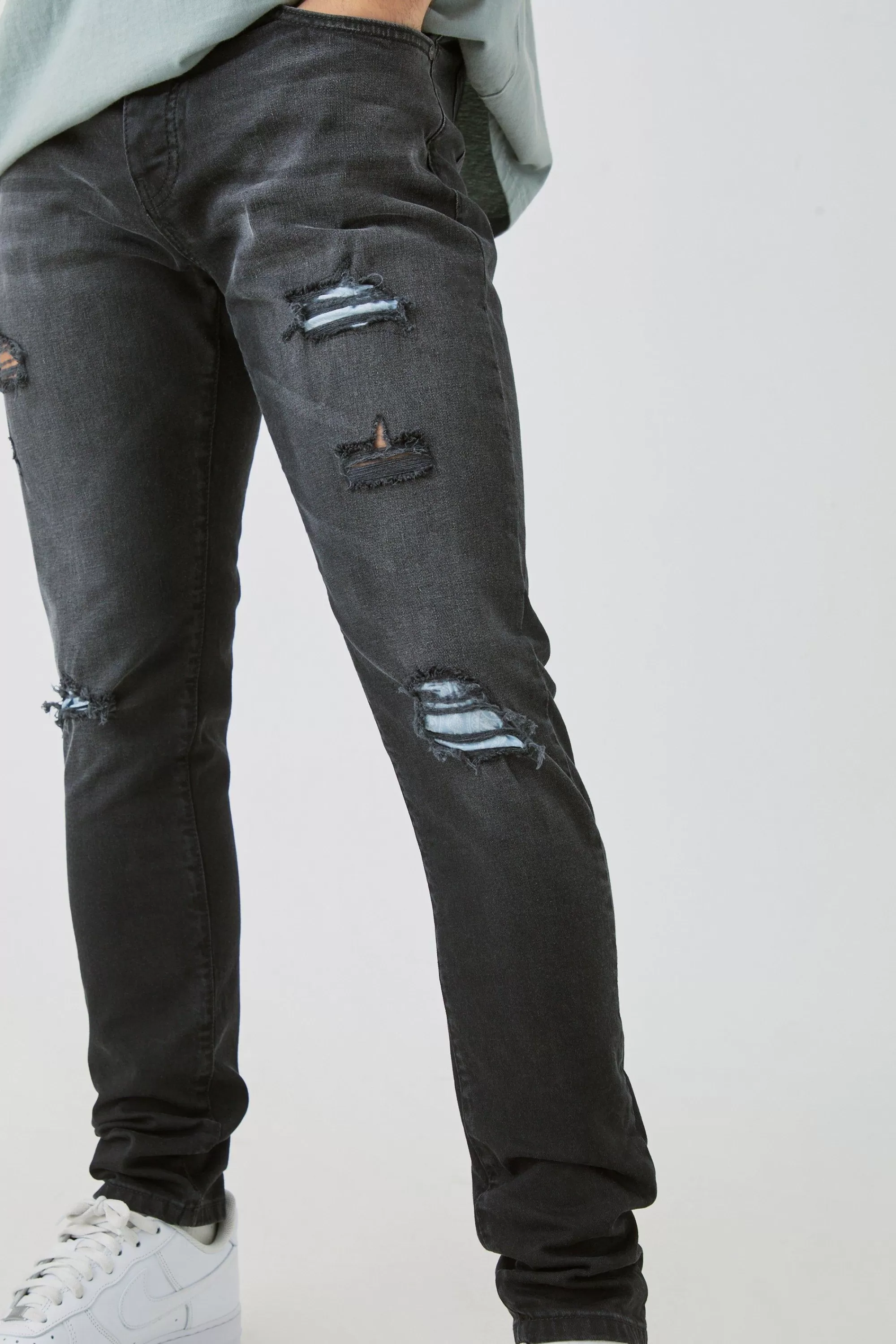 boohooMAN Skinny Stretch Ripped Bandana Jeans In | UK