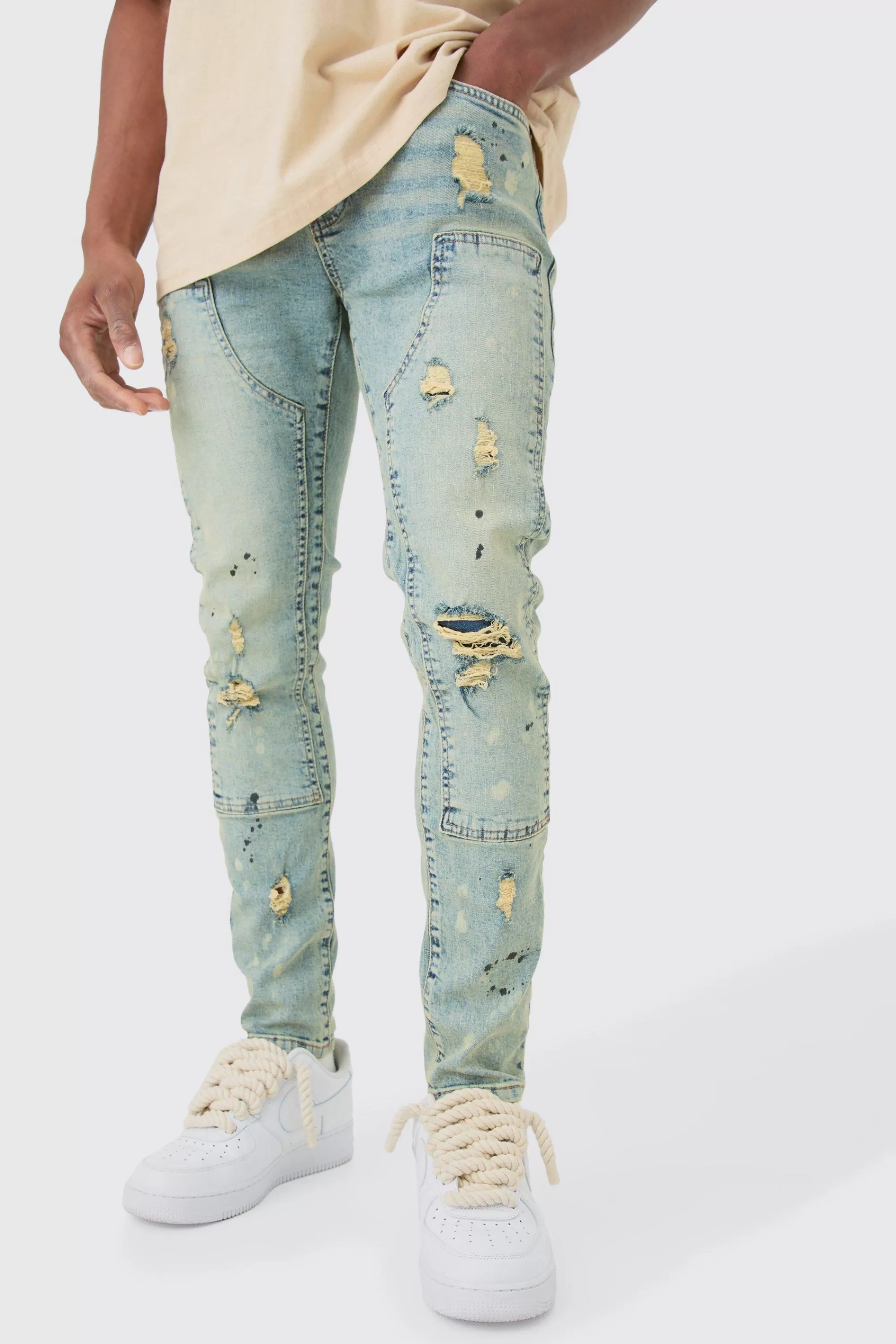 boohooMAN Skinny Stretch Ripped Carpenter Jeans In | UK