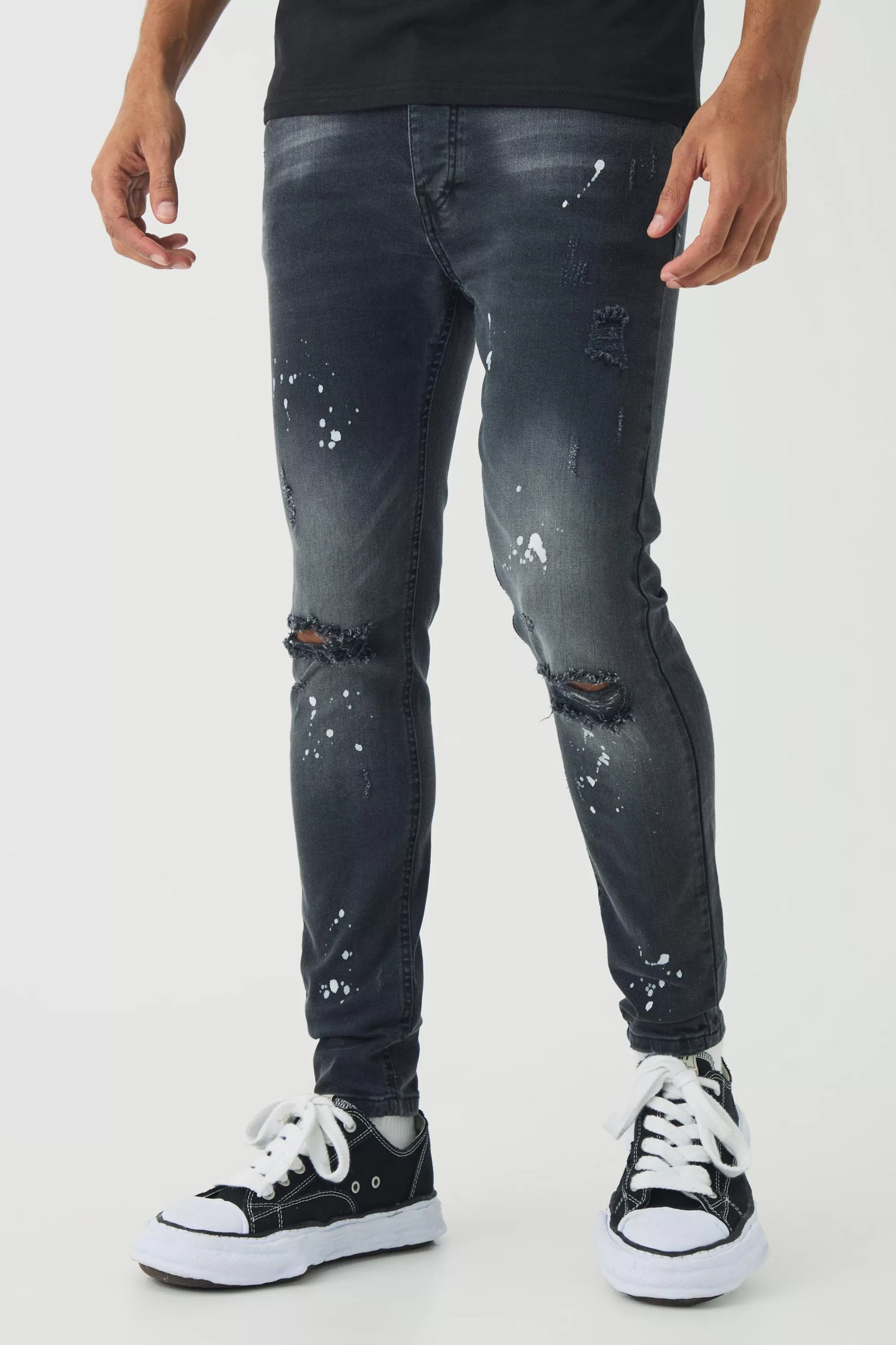 boohooMAN Skinny Stretch Ripped Paint Splatter Jeans | UK