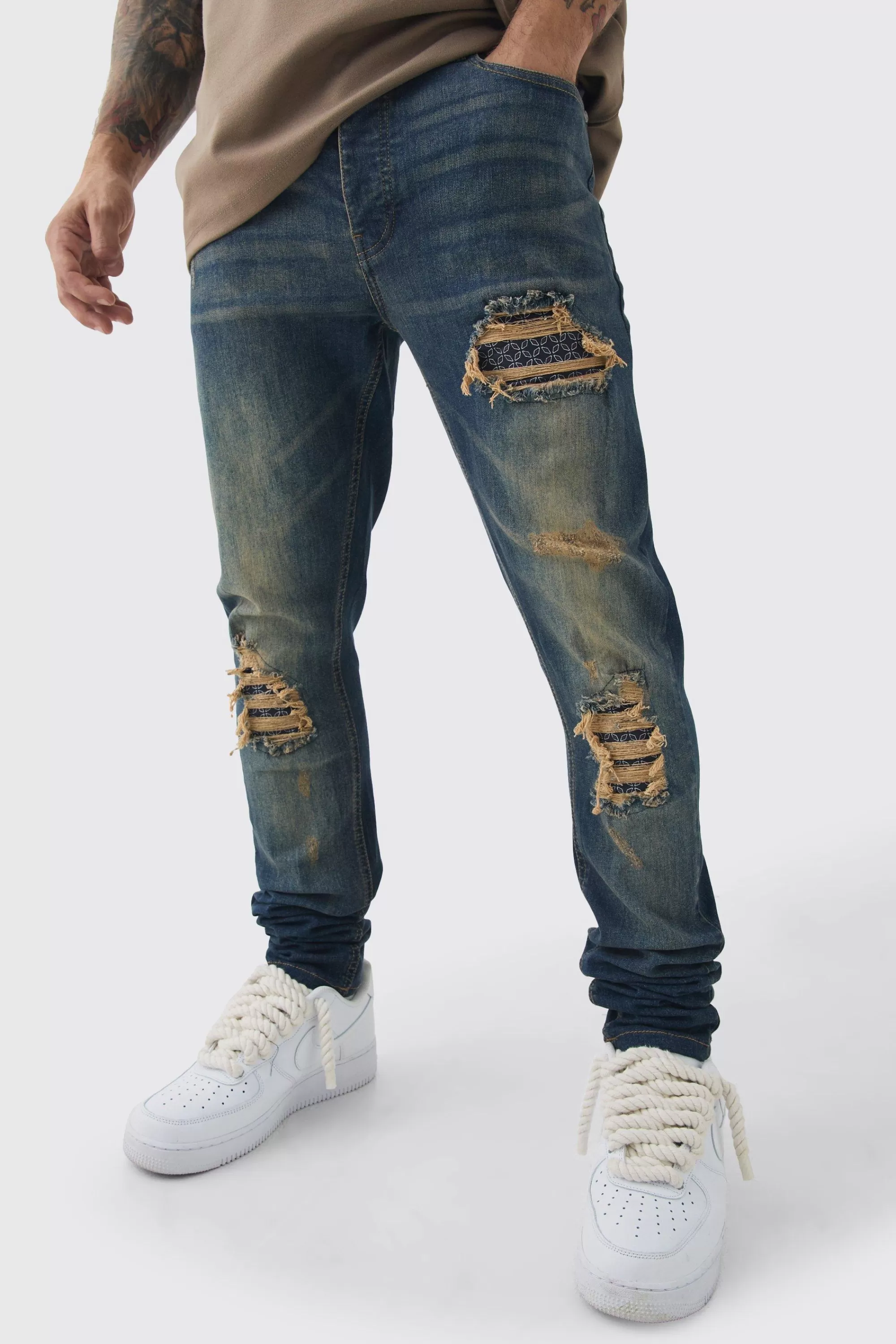 boohooMAN Skinny Stretch Stacked Bandana Rip & Repair Jeans | UK