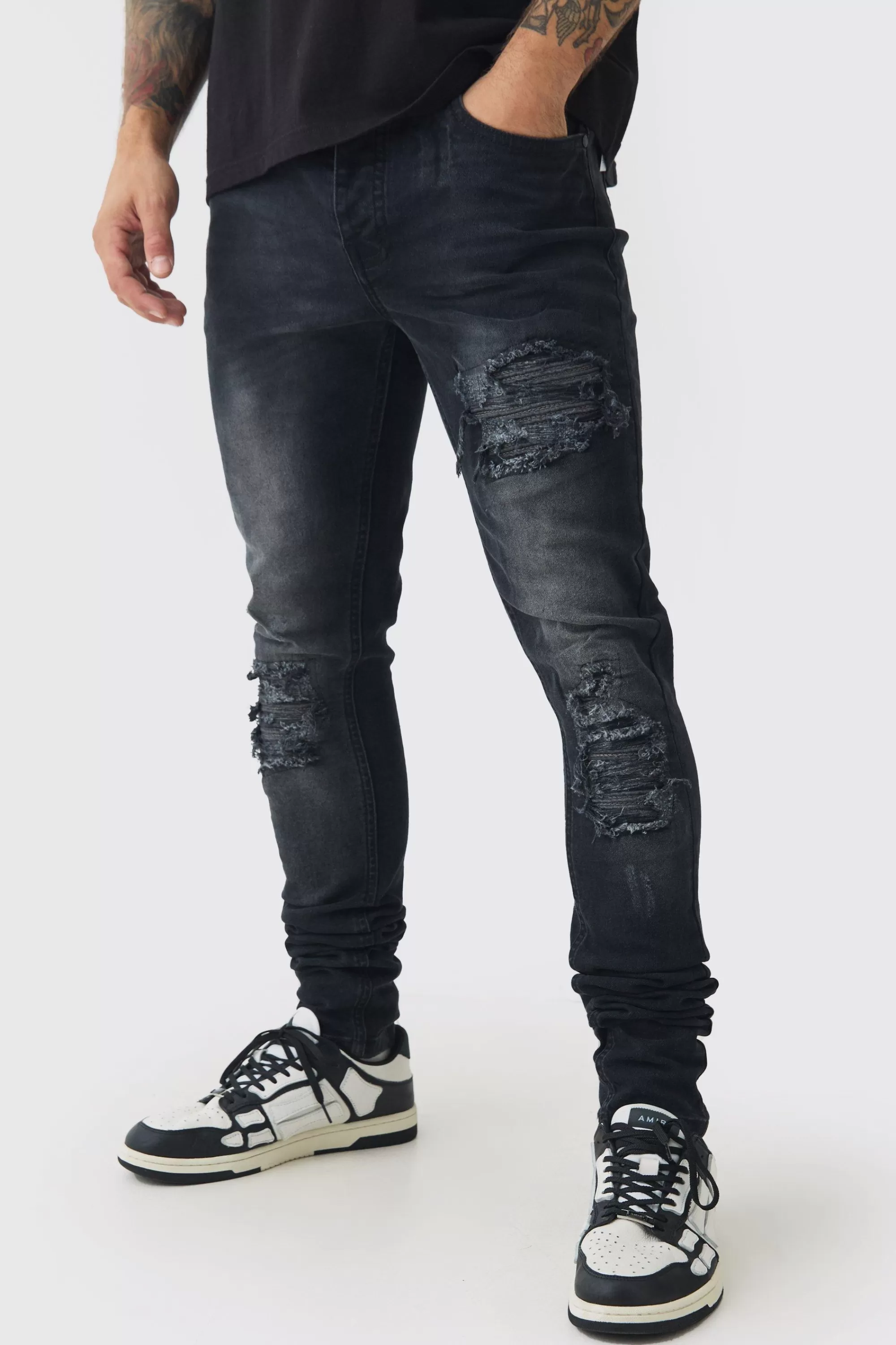 boohooMAN Skinny Stretch Stacked Biker Rip & Repair Jeans | UK
