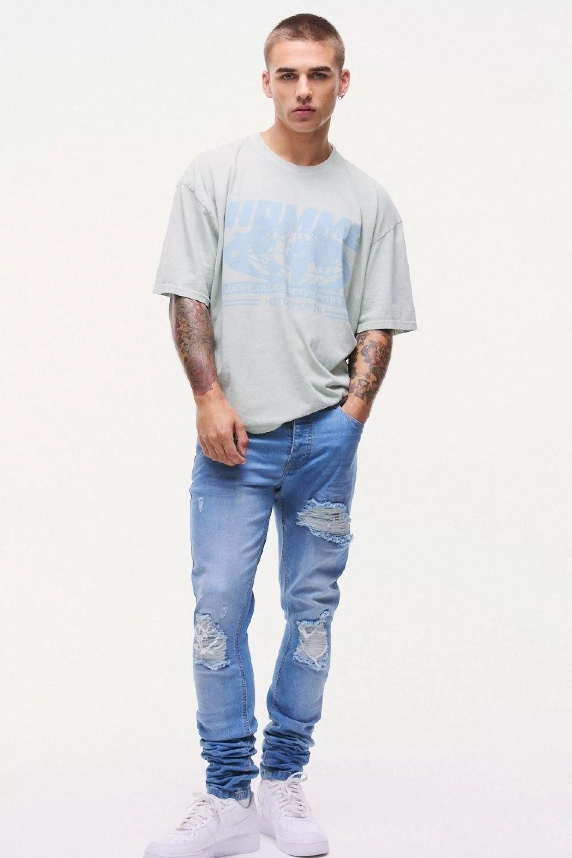 boohooMAN Skinny Stretch Stacked Biker Rip & Repair Jeans | UK