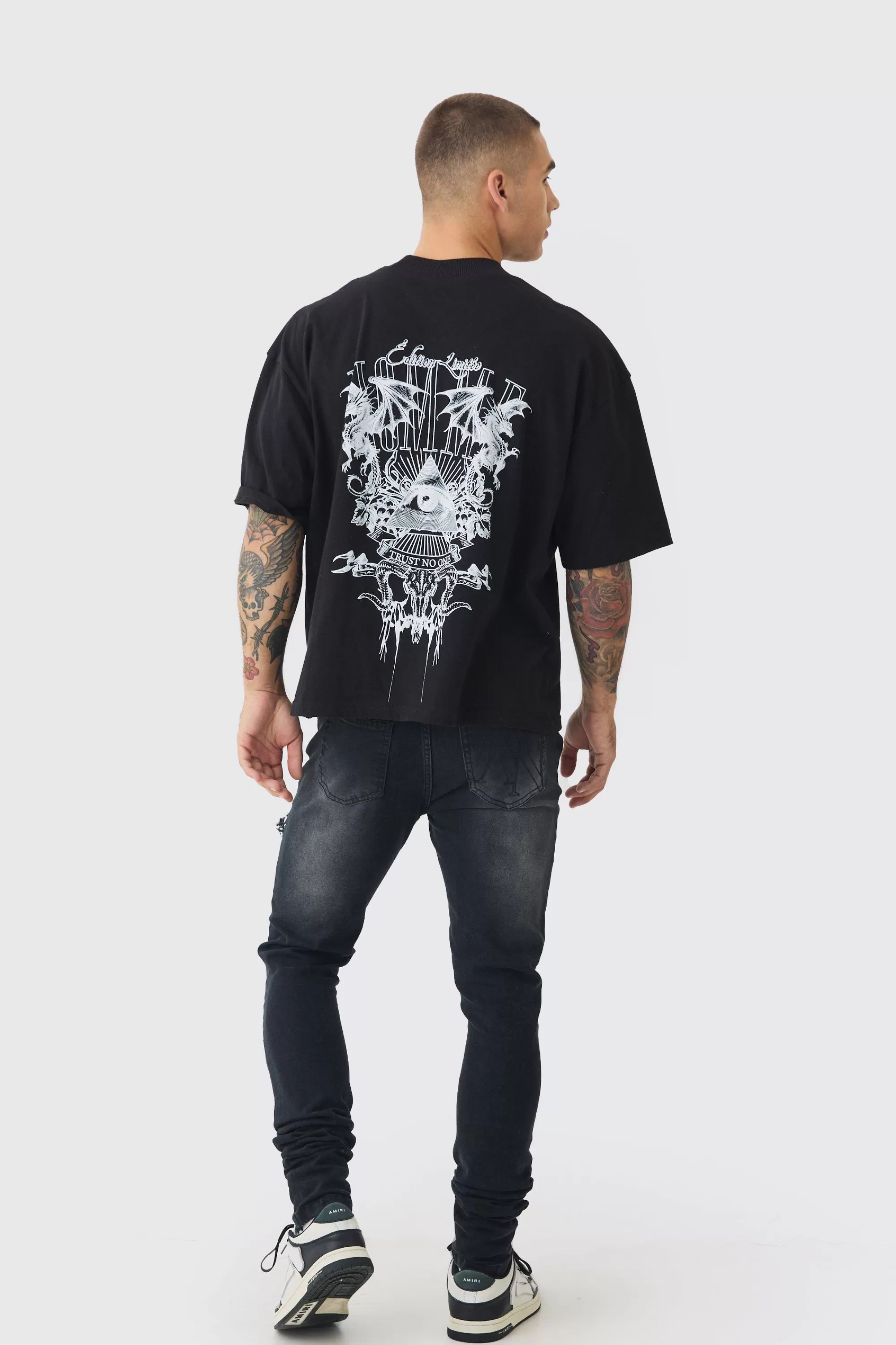 boohooMAN Skinny Stretch Stacked Biker Rip & Repair Jeans | UK