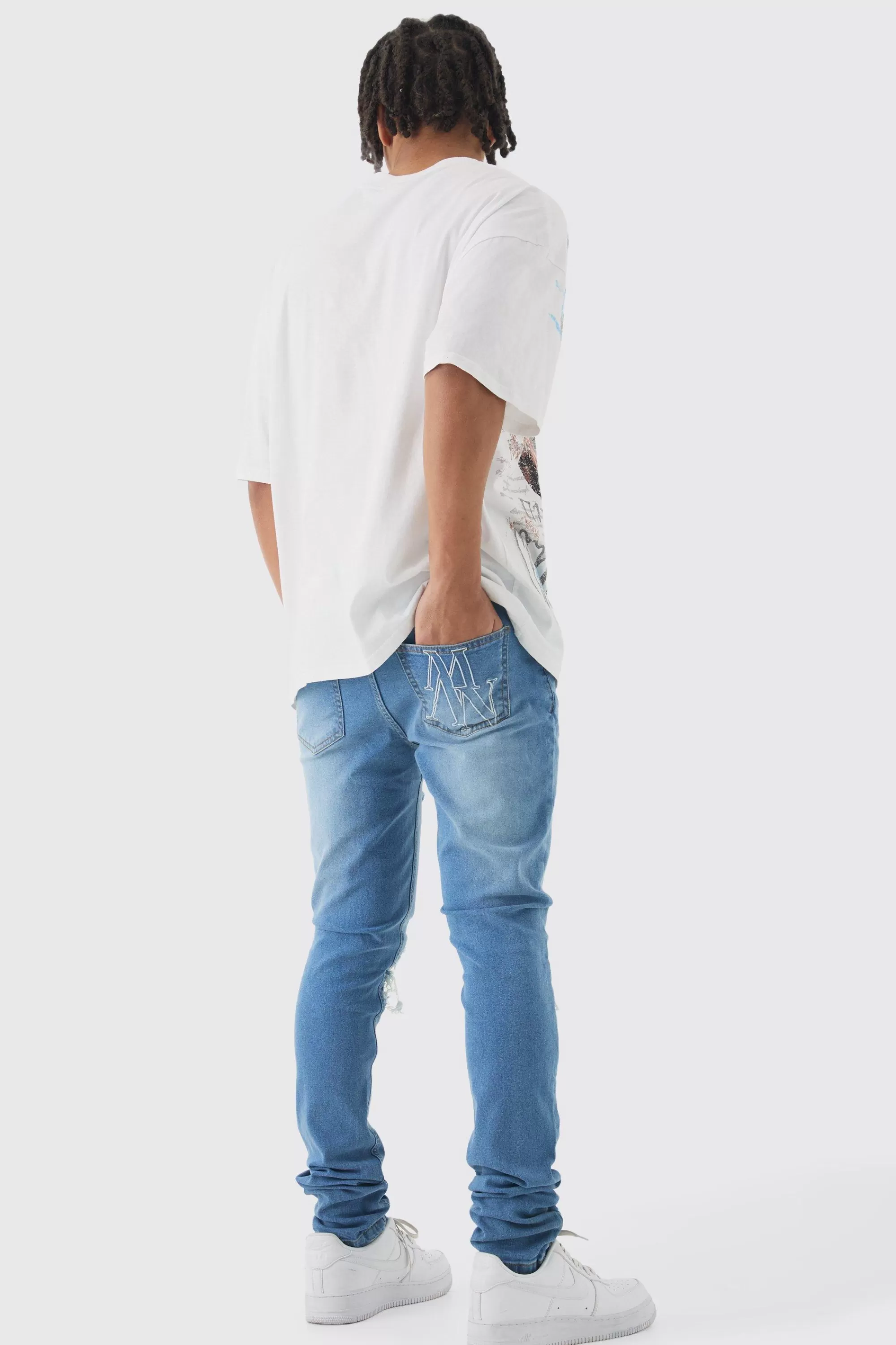 boohooMAN Skinny Stretch Stacked Biker Rip & Repair Jeans | UK