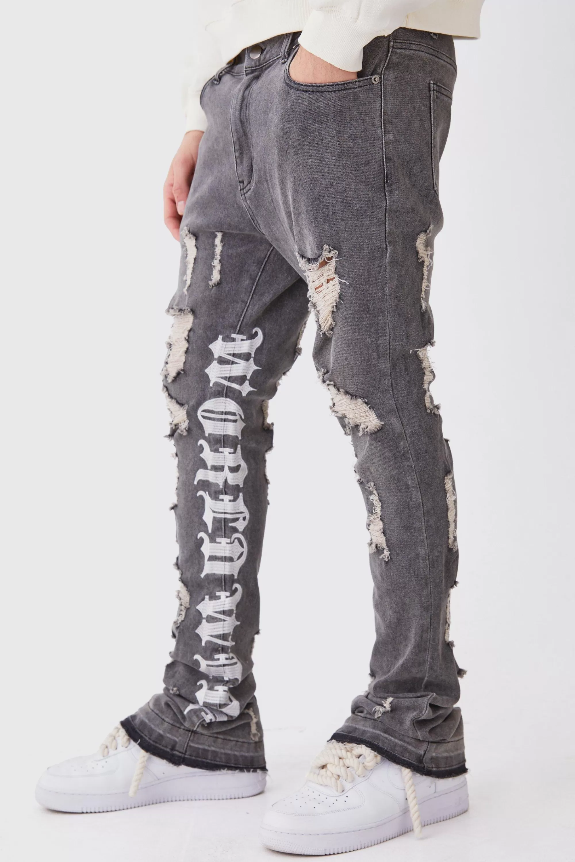 boohooMAN Skinny Stretch Stacked Distressed Embroidered Gusset Jeans | UK