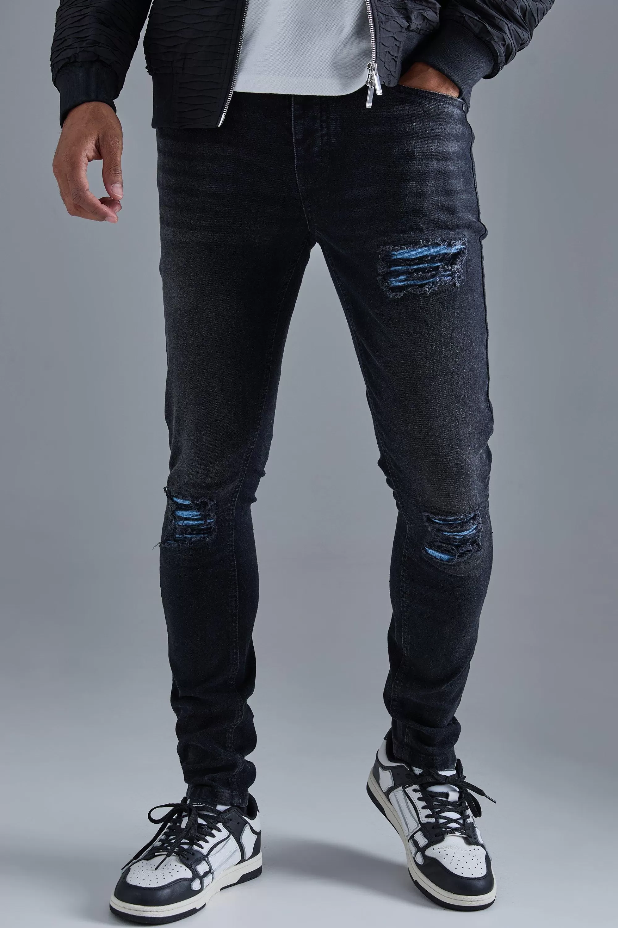 boohooMAN Skinny Stretch Pu Biker Rip & Repair Jeans | UK