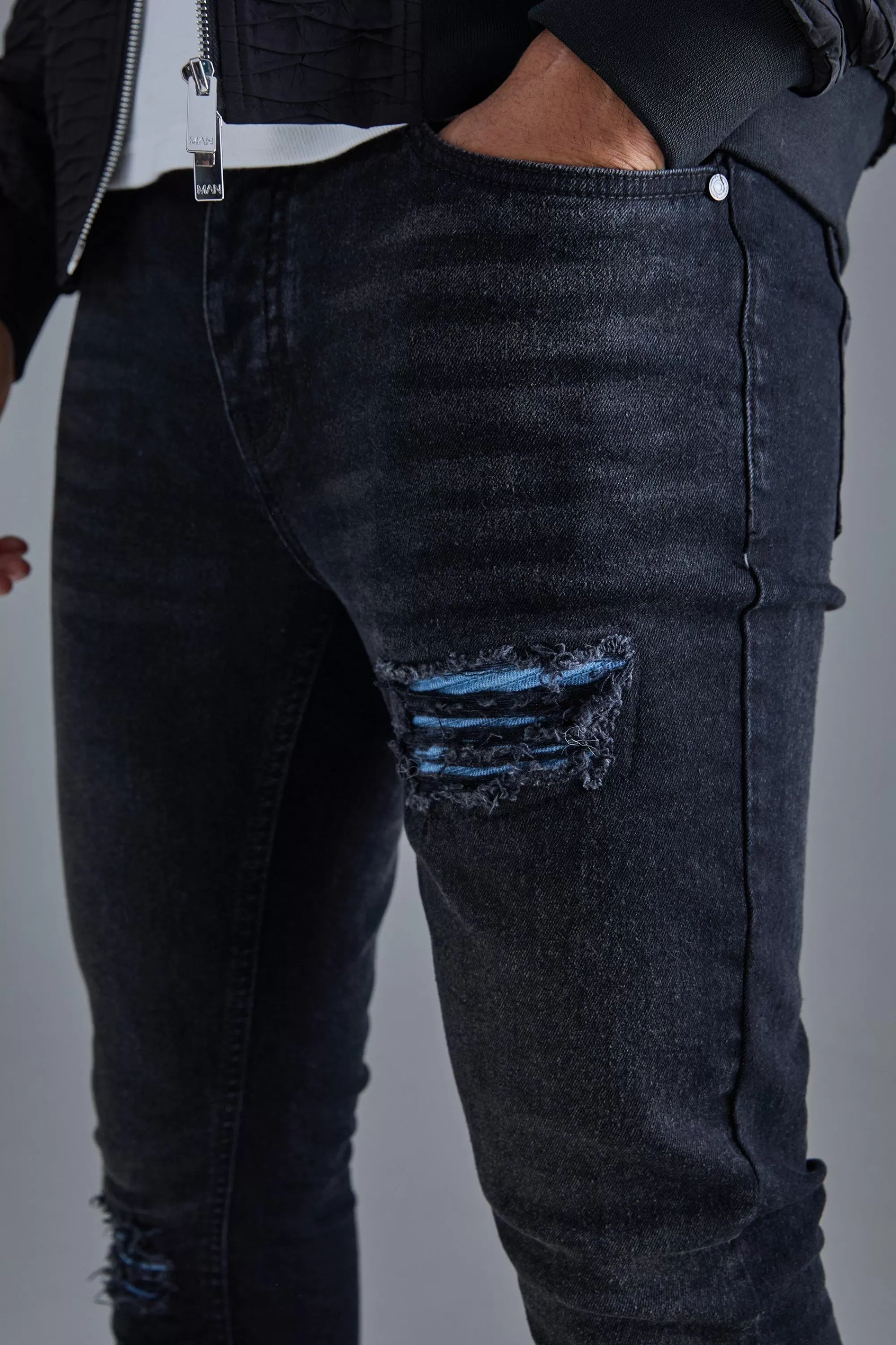 boohooMAN Skinny Stretch Pu Biker Rip & Repair Jeans | UK