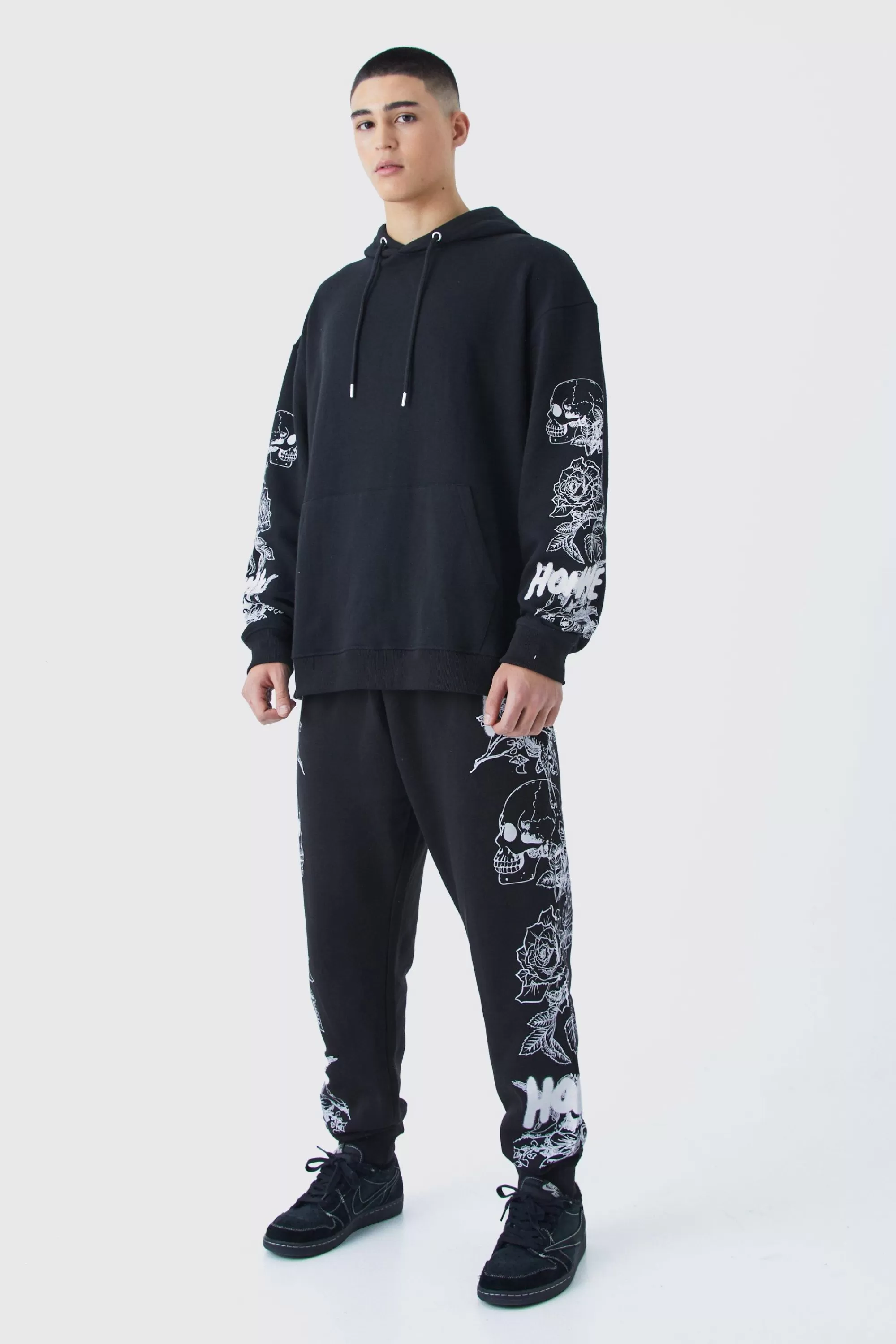 boohooMAN Skull Graphic Pocket Detail Hooded Tracksuit | UK