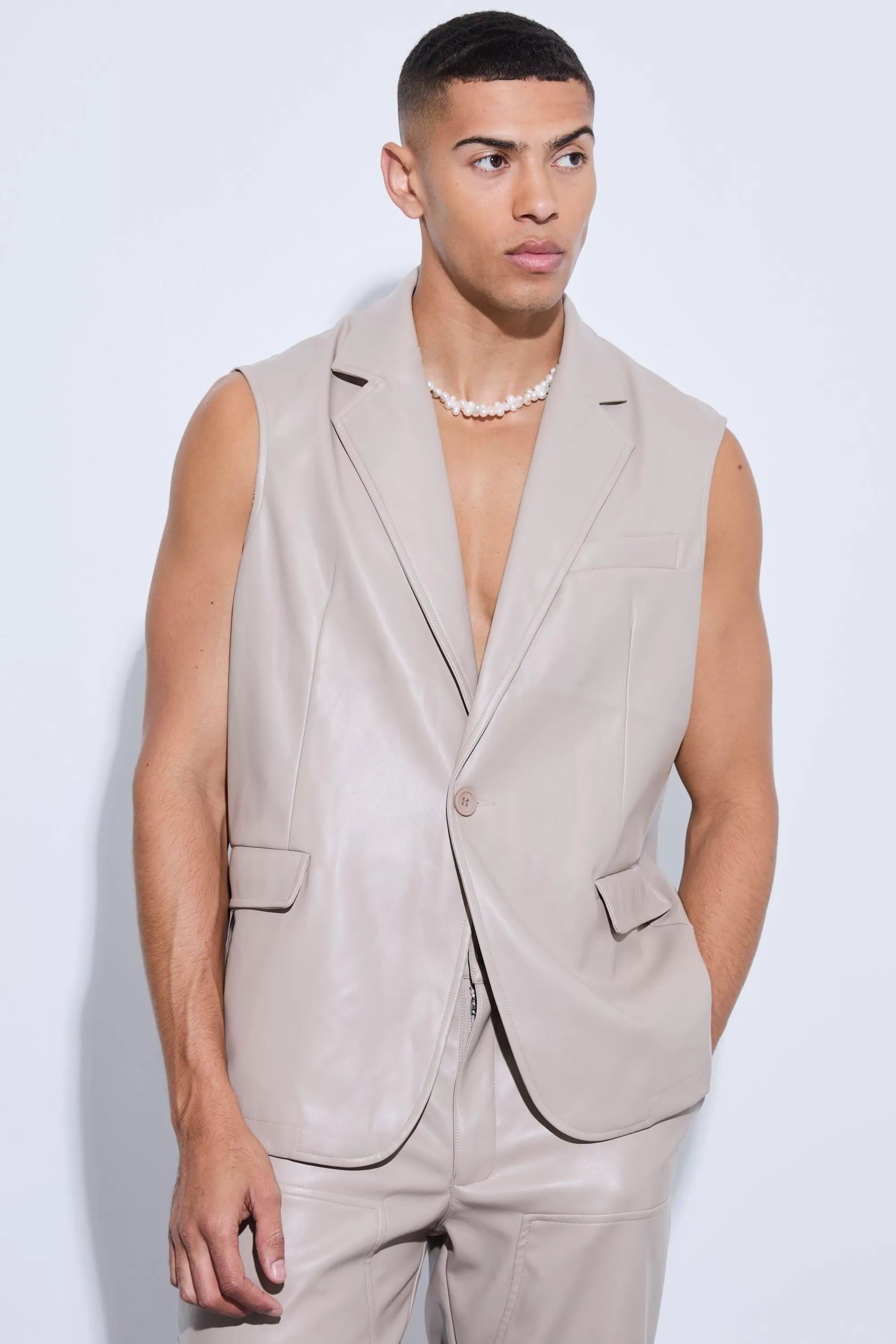 boohooMAN Sleeveless Pu Single Breasted Suit Jacket | UK