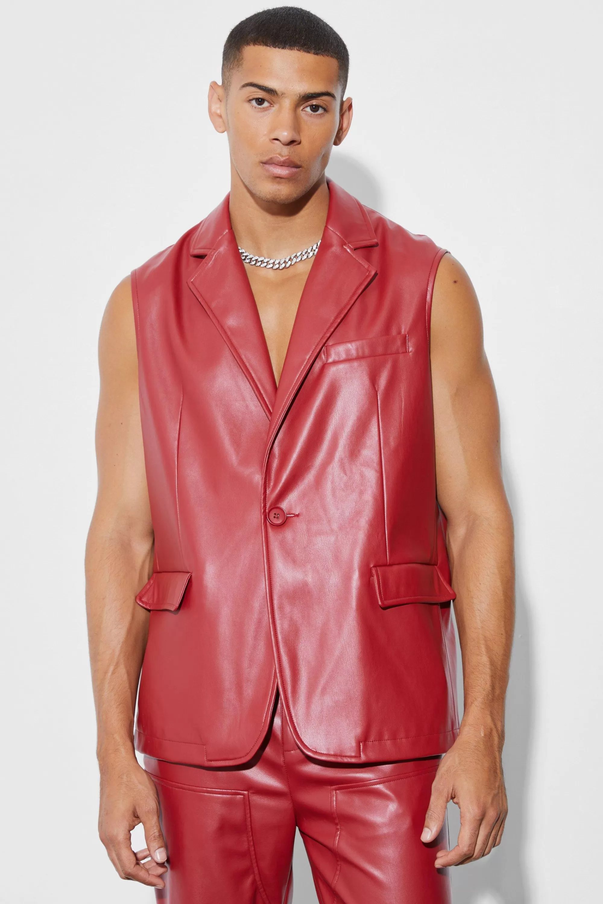 boohooMAN Sleeveless Pu Single Breasted Suit Jacket | UK