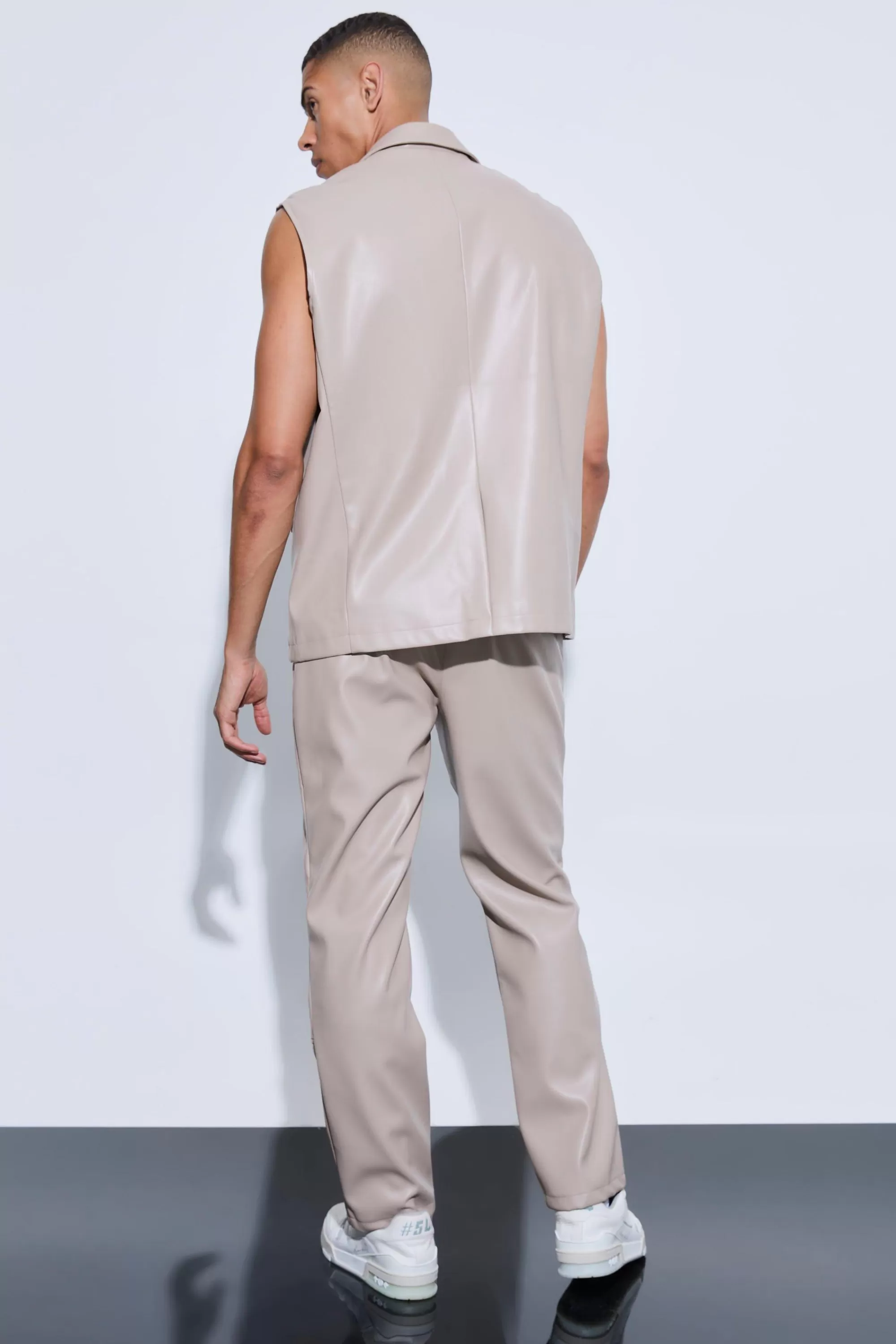 boohooMAN Sleeveless Pu Single Breasted Suit Jacket | UK