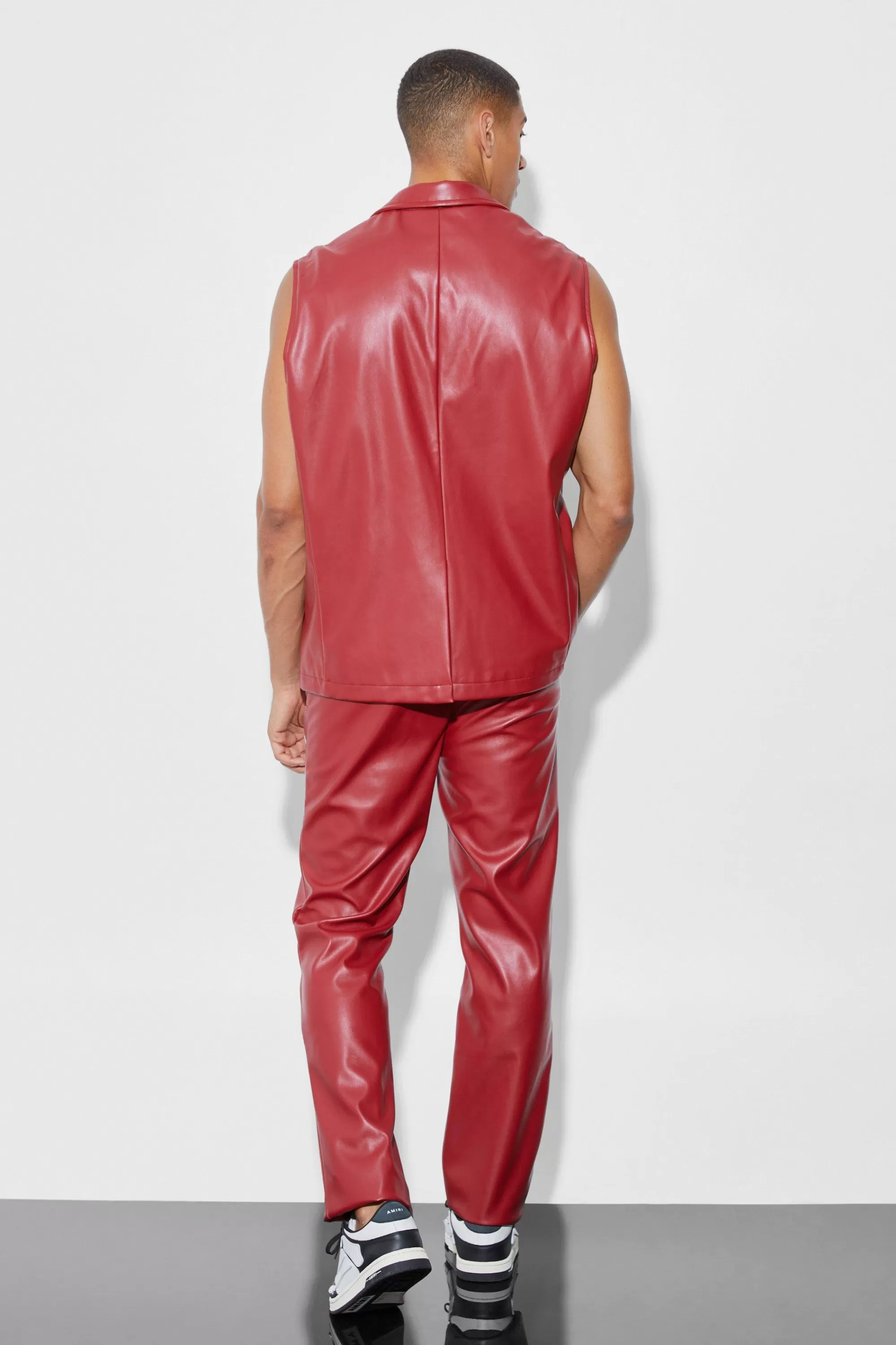 boohooMAN Sleeveless Pu Single Breasted Suit Jacket | UK