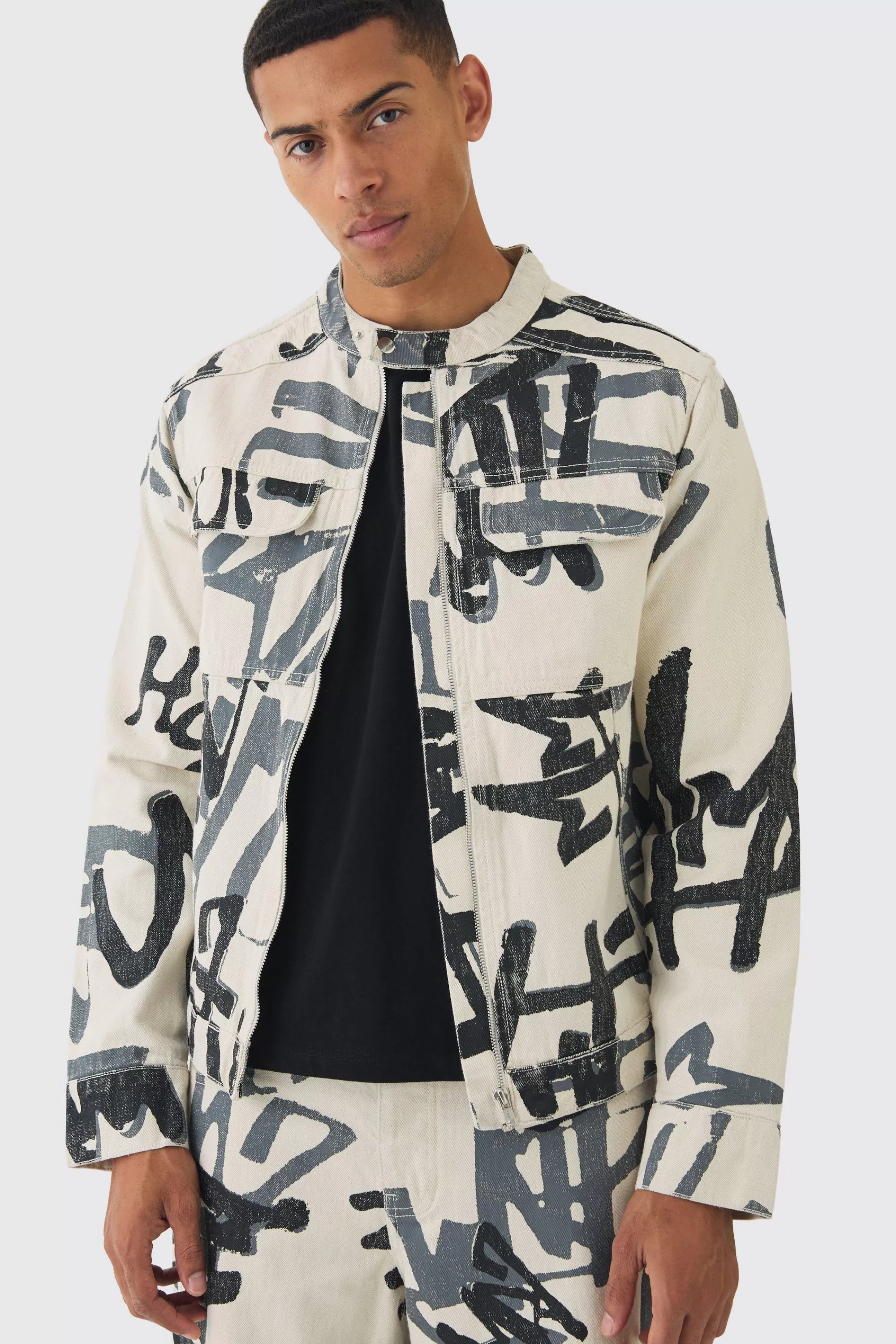 boohooMAN Slim Boxy Denim Graffiti Laser Print Biker Jacket | UK