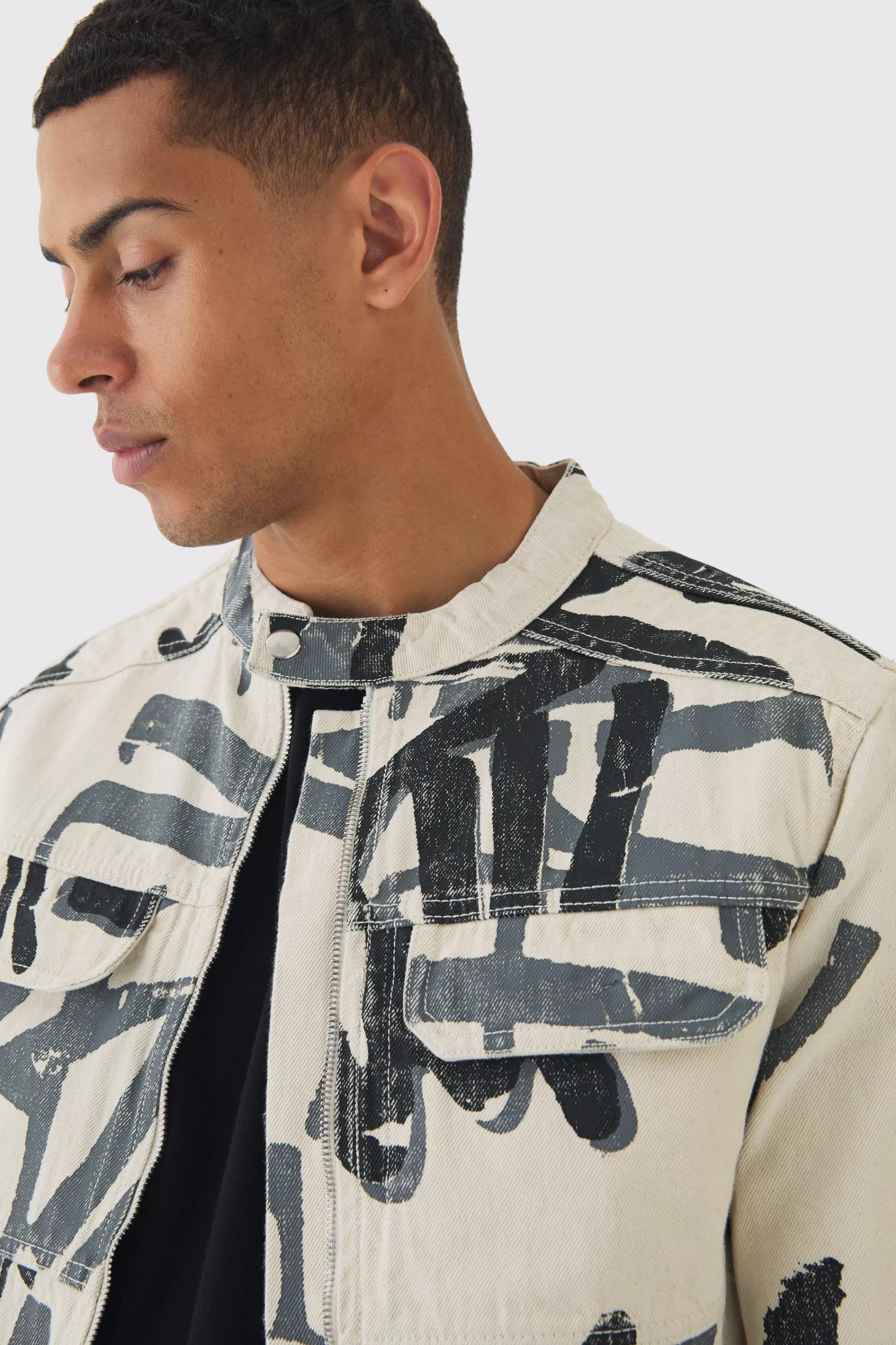 boohooMAN Slim Boxy Denim Graffiti Laser Print Biker Jacket | UK