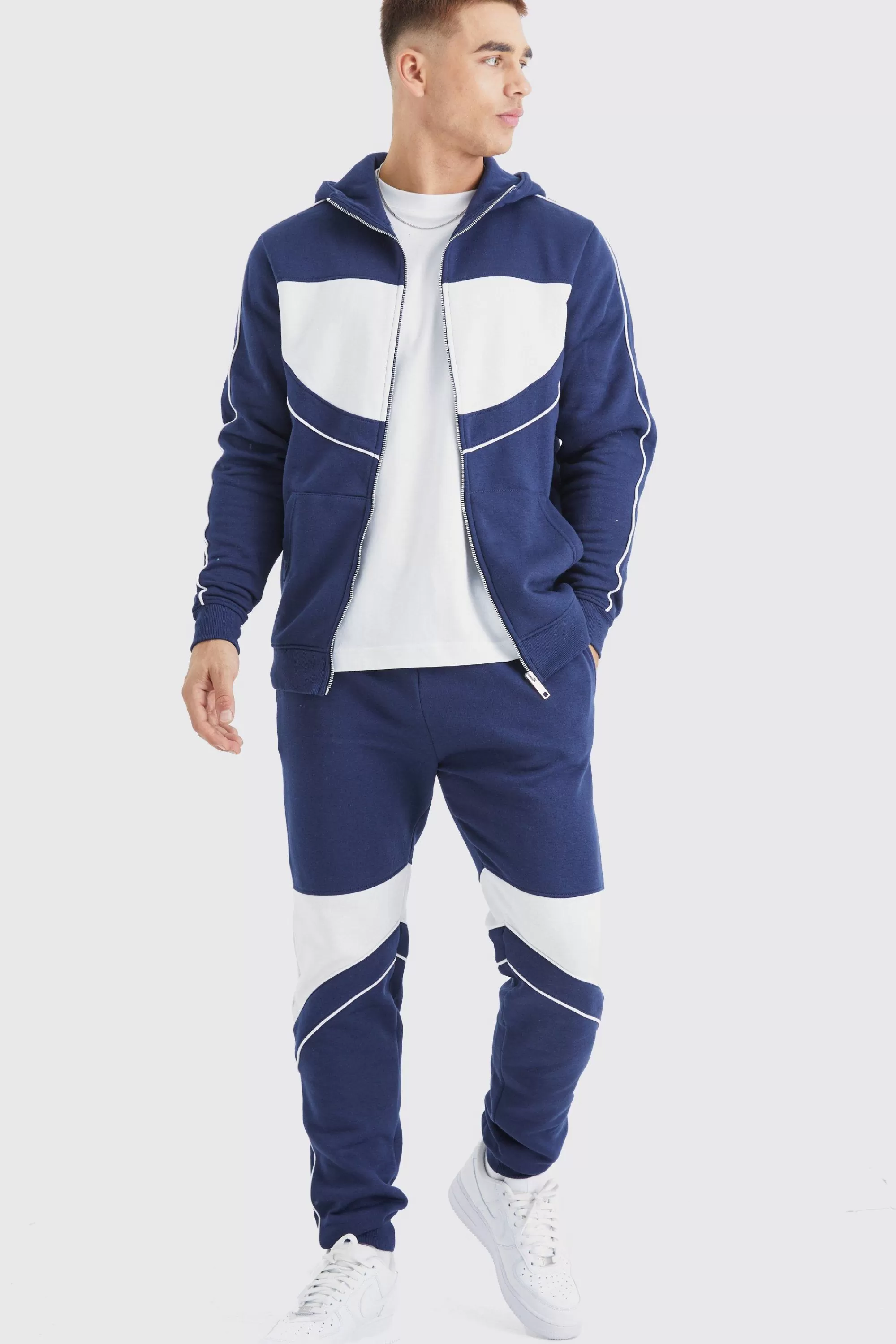 boohooMAN Slim Colour Block Funnel Neck Hooded Tracksuit | UK