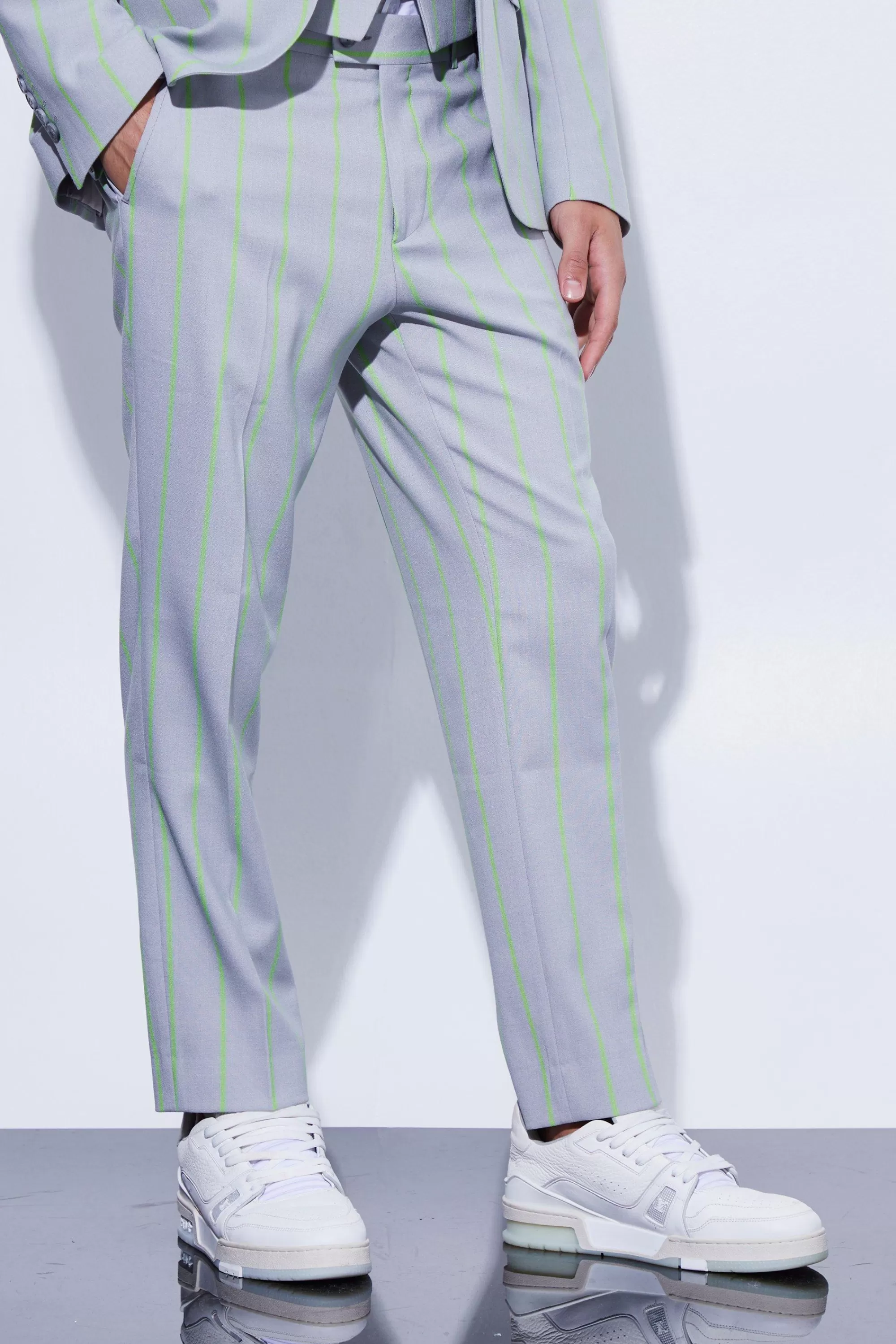boohooMAN Slim Crop Wide Stripe Suit Trouser | UK