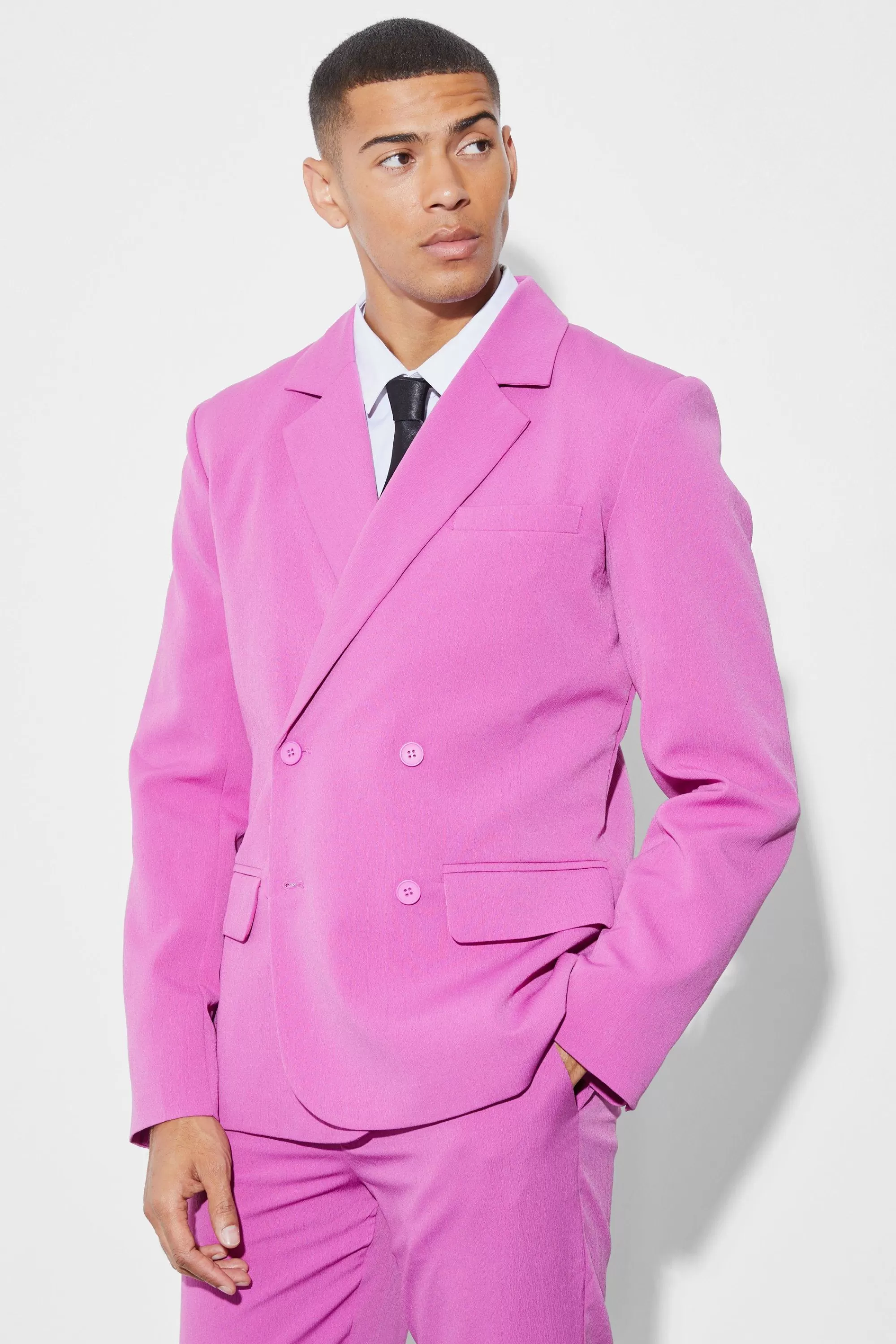 boohooMAN Slim Double Breasted Crinkle Suit | UK