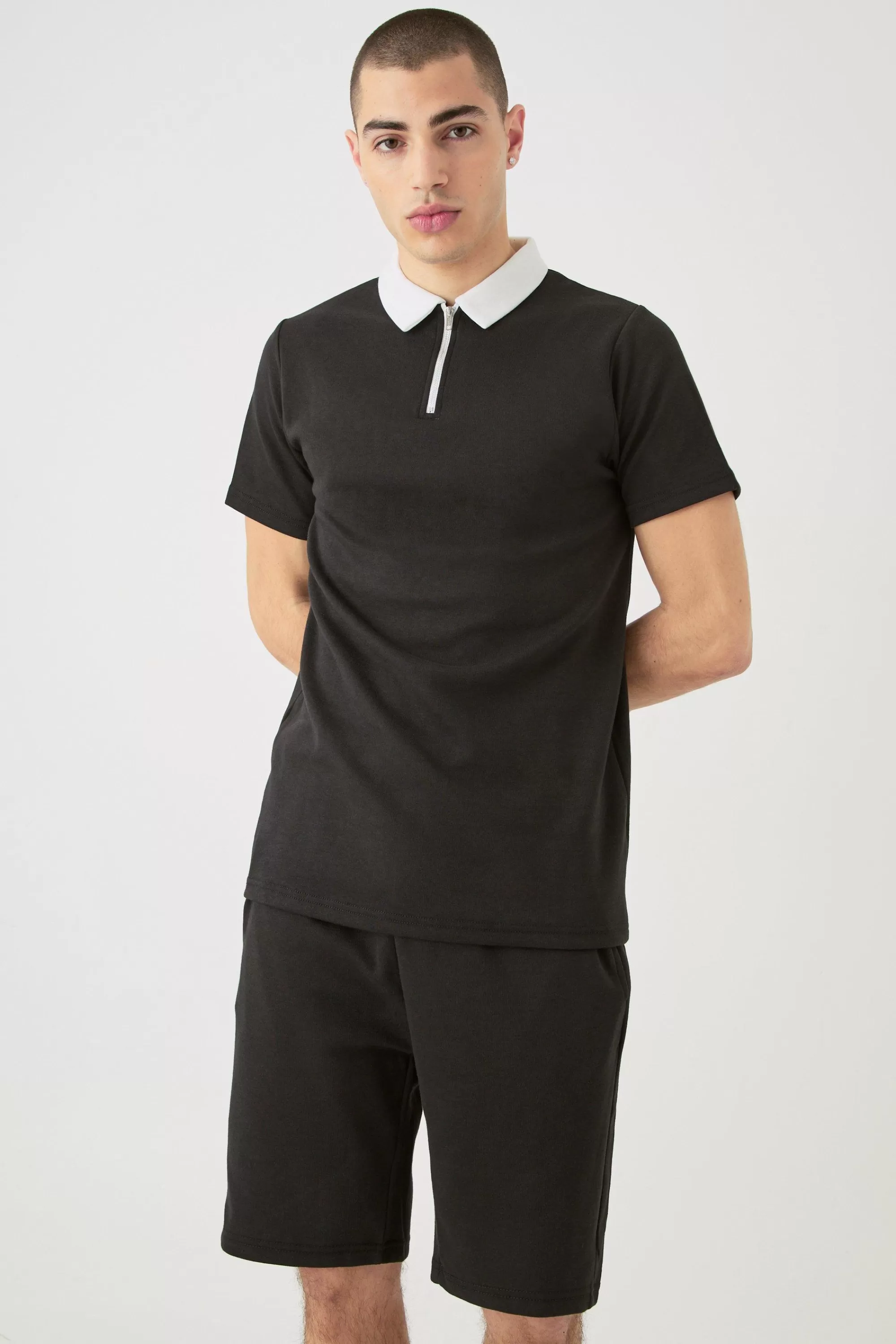 boohooMAN Slim Fit 1/4 Zip Polo And Short Set | UK