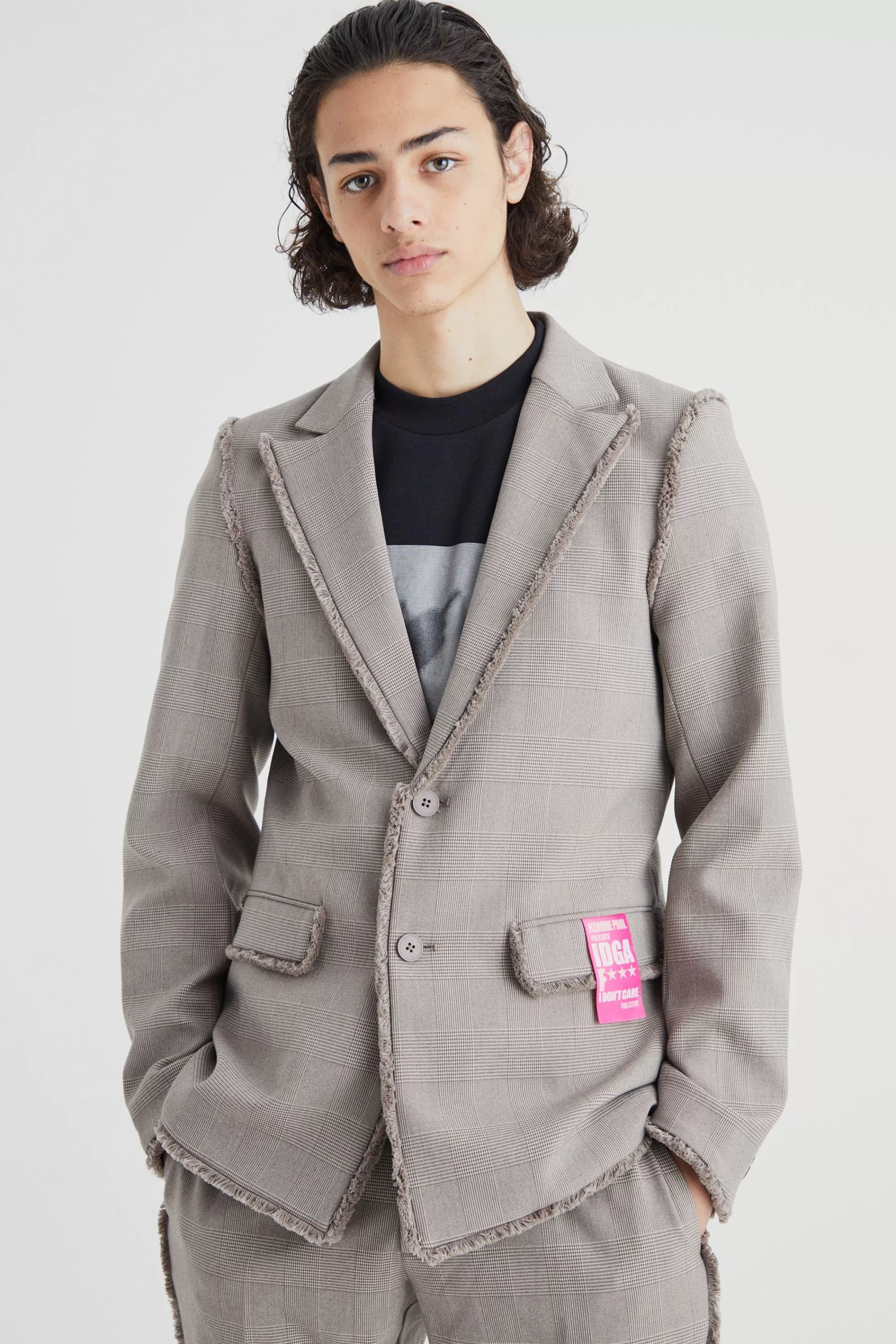 boohooMAN Slim Fit Check Blazer With Distressed Seams | UK