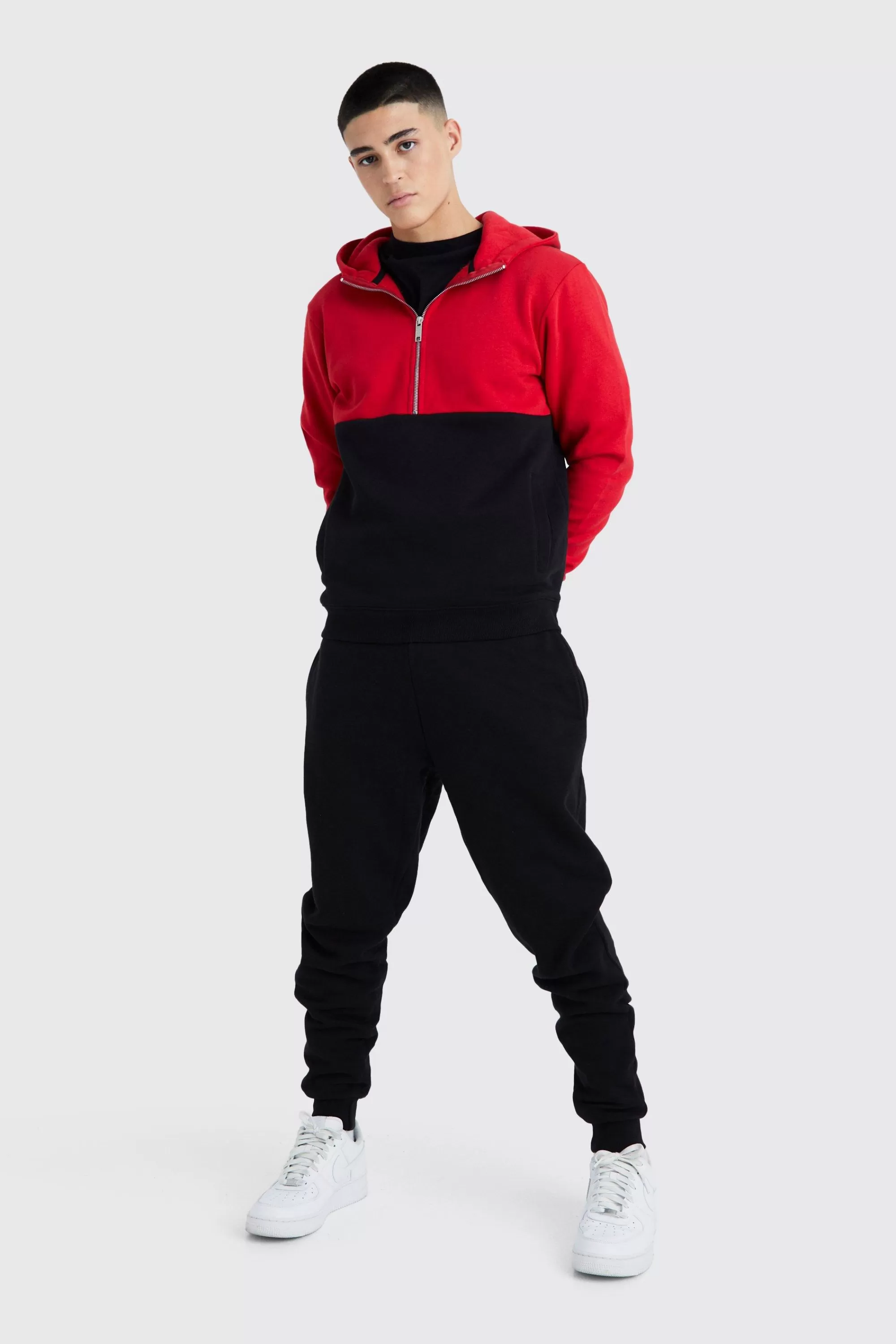 boohooMAN Slim Fit Colour Block Half Zip Tracksuit | UK