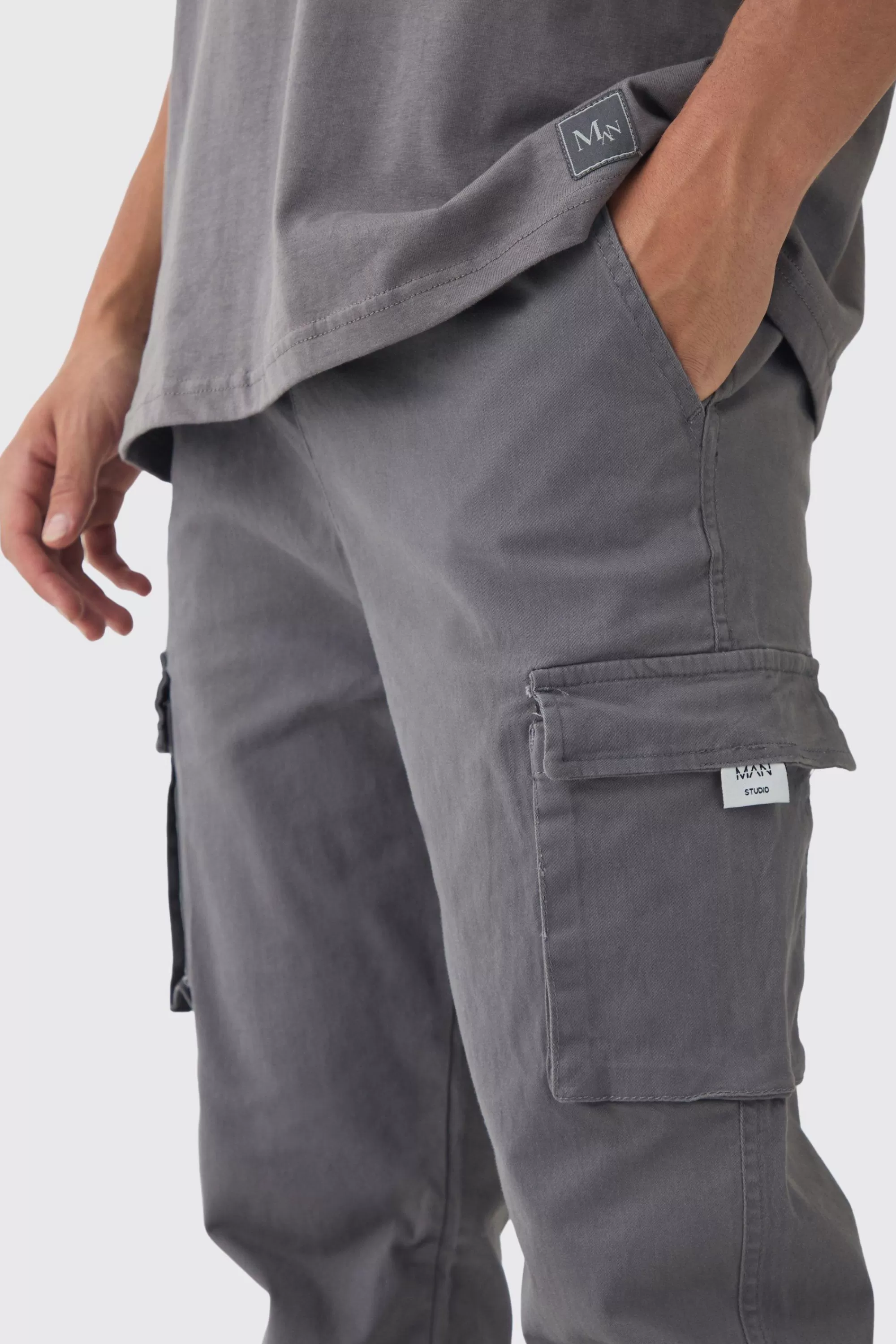 boohooMAN Slim Fit Elasticated Waist Woven Tab Cuffed Cargo Trousers | UK